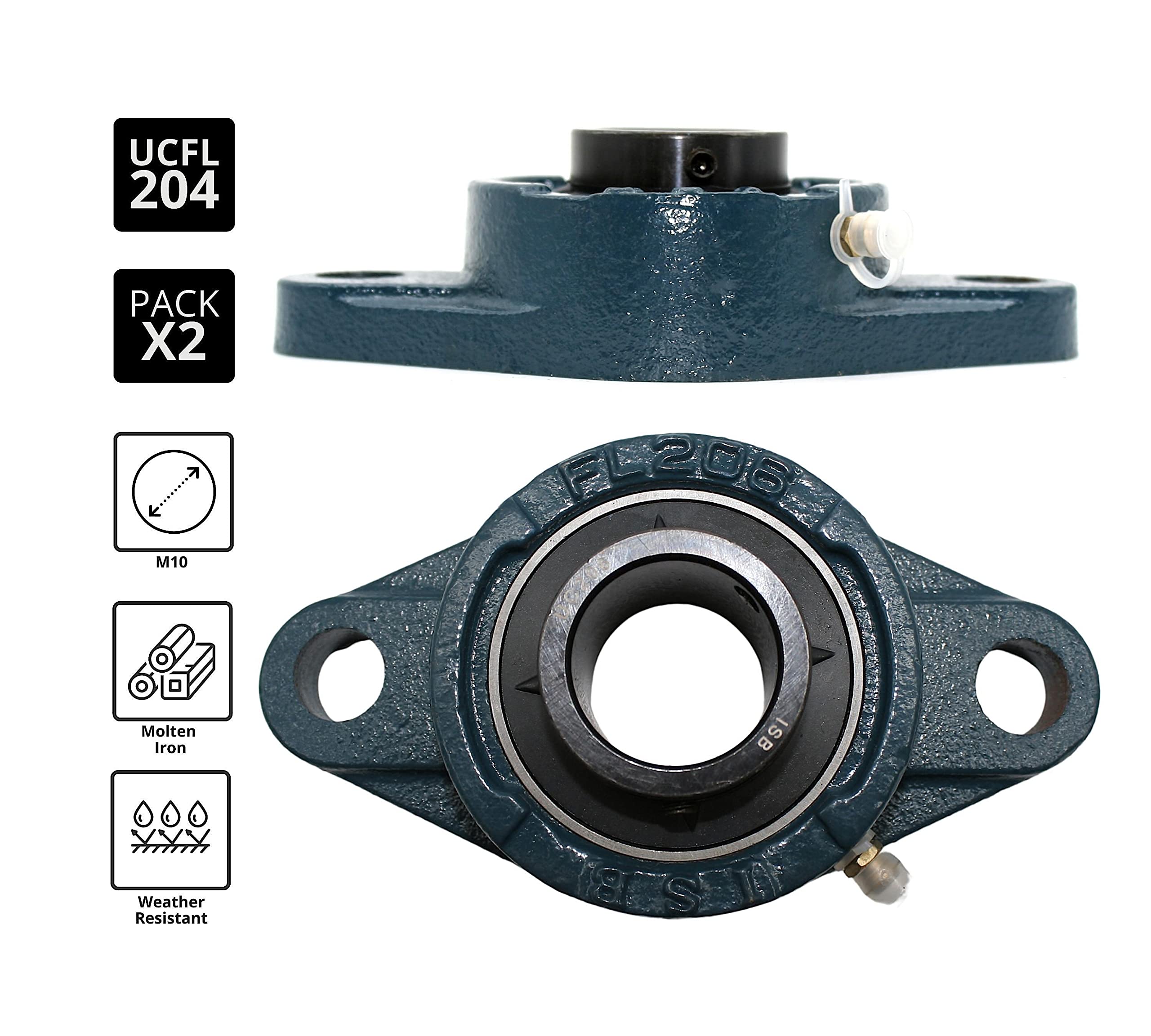 DOJA Barcelona | Palier Roulement UCFL204 | 2 Supports Ovales en Fonte avec Roulement à Bille | Pour Arbre Ø 20mm | Acier | Pour Applications Industrielles et Générales
