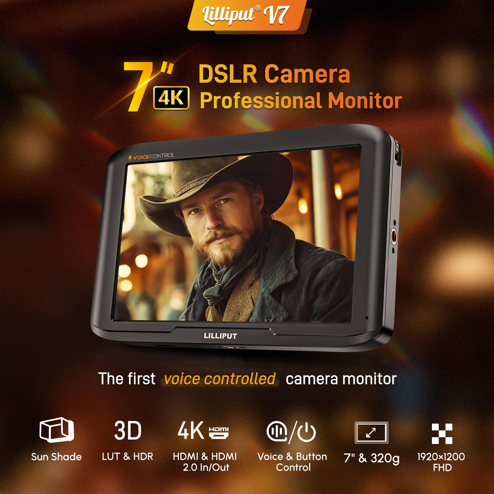 LILLIPUT V7 7 Pulgadas Monitor de cámara,1920 x 1200 Monitor vídeo, 3D LUT,320g,Control Mediante Rueda y Control por Voz en inglés,HDR,4K 60Hz, HDMI 2.0,Placa para batería NP-F,Negro, Incluye Parasol