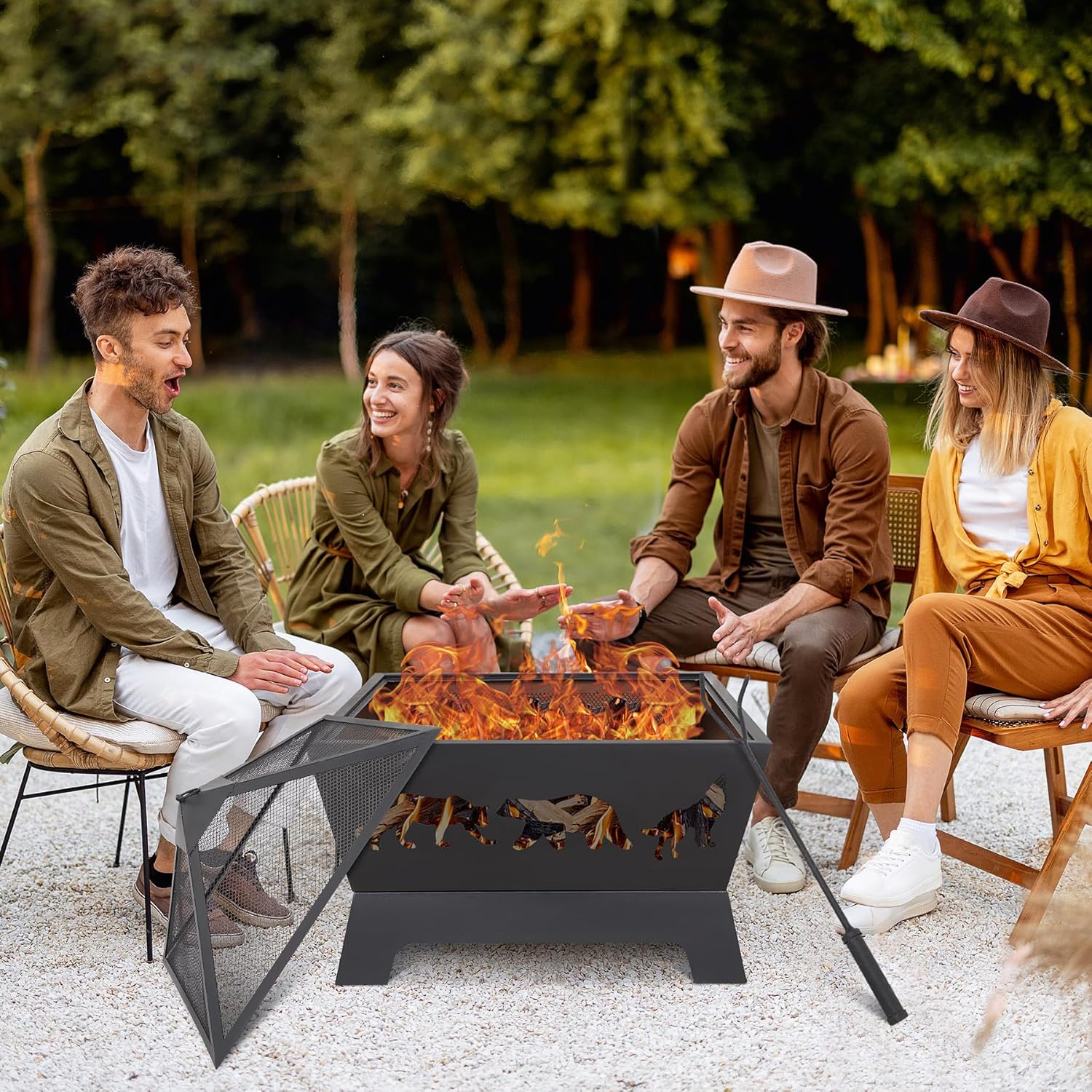 LEMY 26 Inch Fire Pit for Outside,Square Firepit Wood Burning Fireplace Heavy Duty Firepit Stove with Screen Waterproof Cover and Poker for Camping&BBQ,Garden,Backyard