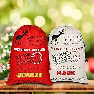Luxury Glitter Personalised Christmas Sack. 50 x 70 cm big natural or red sack with gold, silver, red glitter. Name sack. Santa Sack.