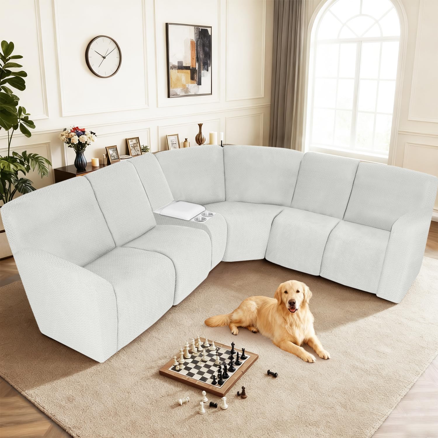 ALIECOM 100% Waterproof Recliner Sectional Couch Covers L Shape Stretch Corner Reclining Sectional Sofa Cover Washable Recliner Slipcover Protector for Dog Pet (5 Seat and 1 Console, Light Gray)
