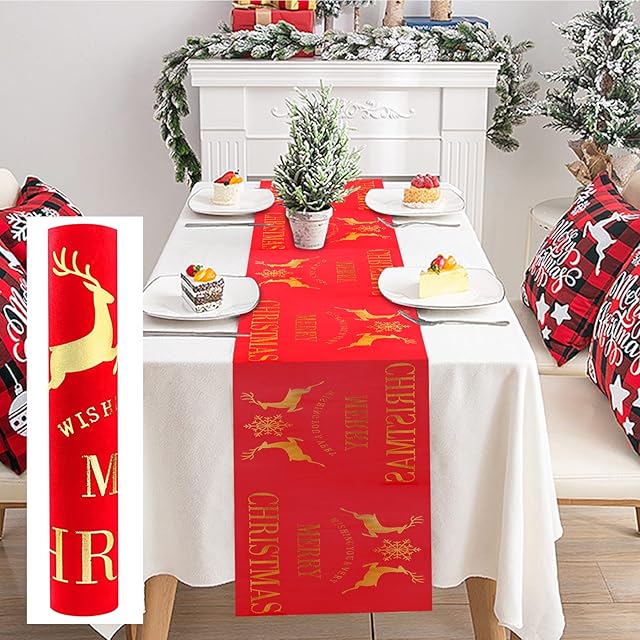 Yzwuyou Christmas Table Runner Red Dining Table Runner 11x108 inches Long Christmas Embroidered Table Runner Linen, for Home Holiday Party Restaurants Christmas Decorations