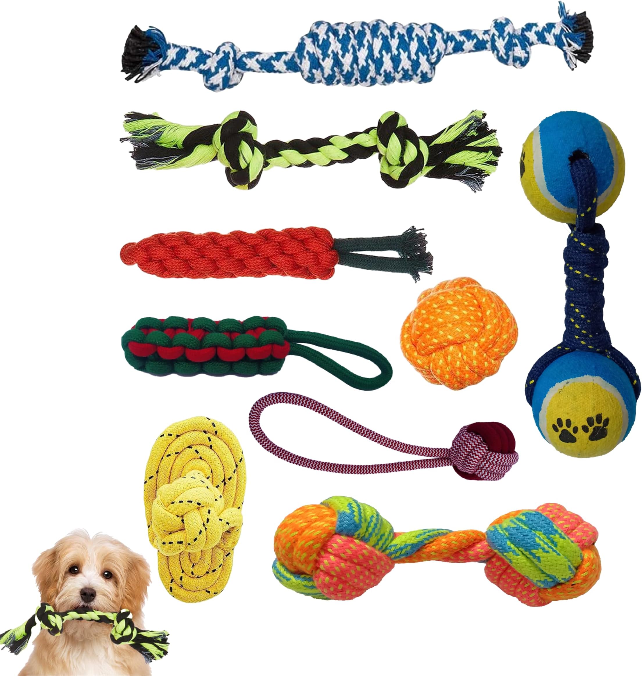 Dog Rope & Chew Toys, Cotton-Poly Mix Tug Toy Set Combo Pack of 9 for Puppies & Small Dogs (Color May Vary)