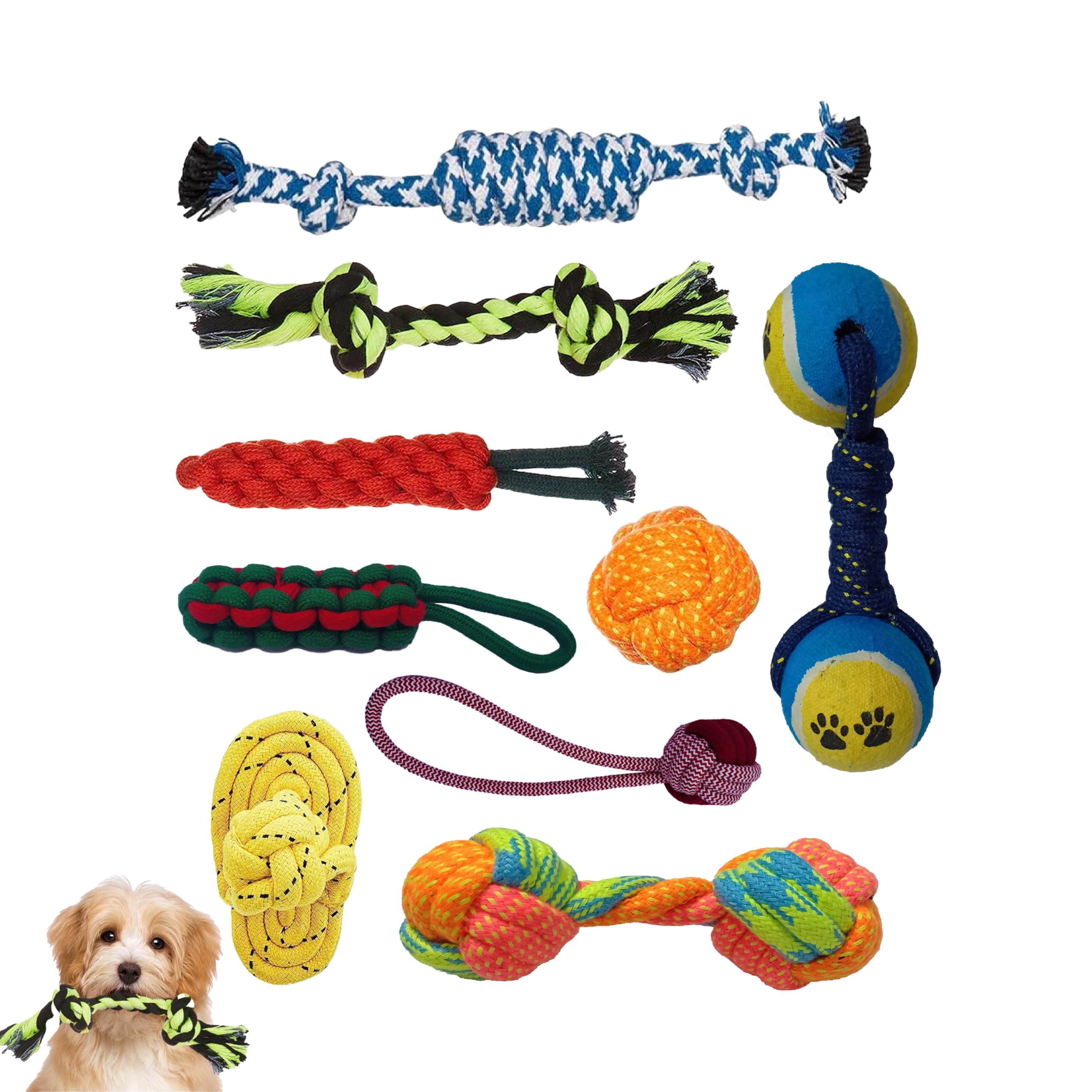 Dog Rope & Chew Toys, Cotton-Poly Mix Tug Toy Set Combo Pack of 9 for Puppies & Small Dogs (Color May Vary)