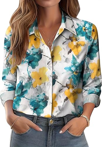 Miniatura 15 de Zeagoo Camisas con botones para mujer elegantes con estampado floral de manga larga blusa casual de negocios tops de trabajo