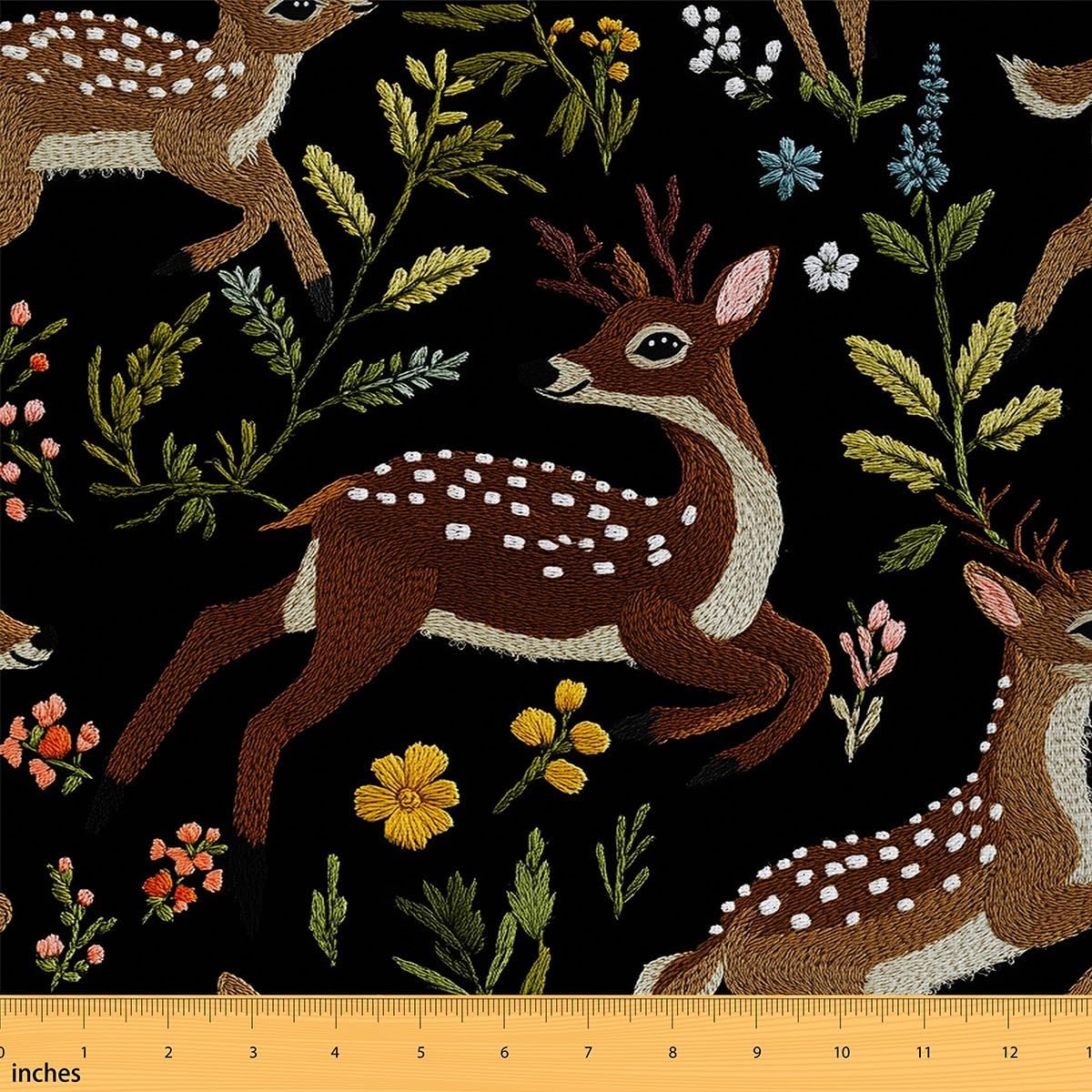 Cute Deer Fabric by The Yard Lovely Cartoon Wild Animal Decor Fabric for Kids Sewing Lovers Colorful Flowers Rustic Jungle Style Fabric for Clothing Sewing and Home Accents 3 Yards,108" L x 59" W
