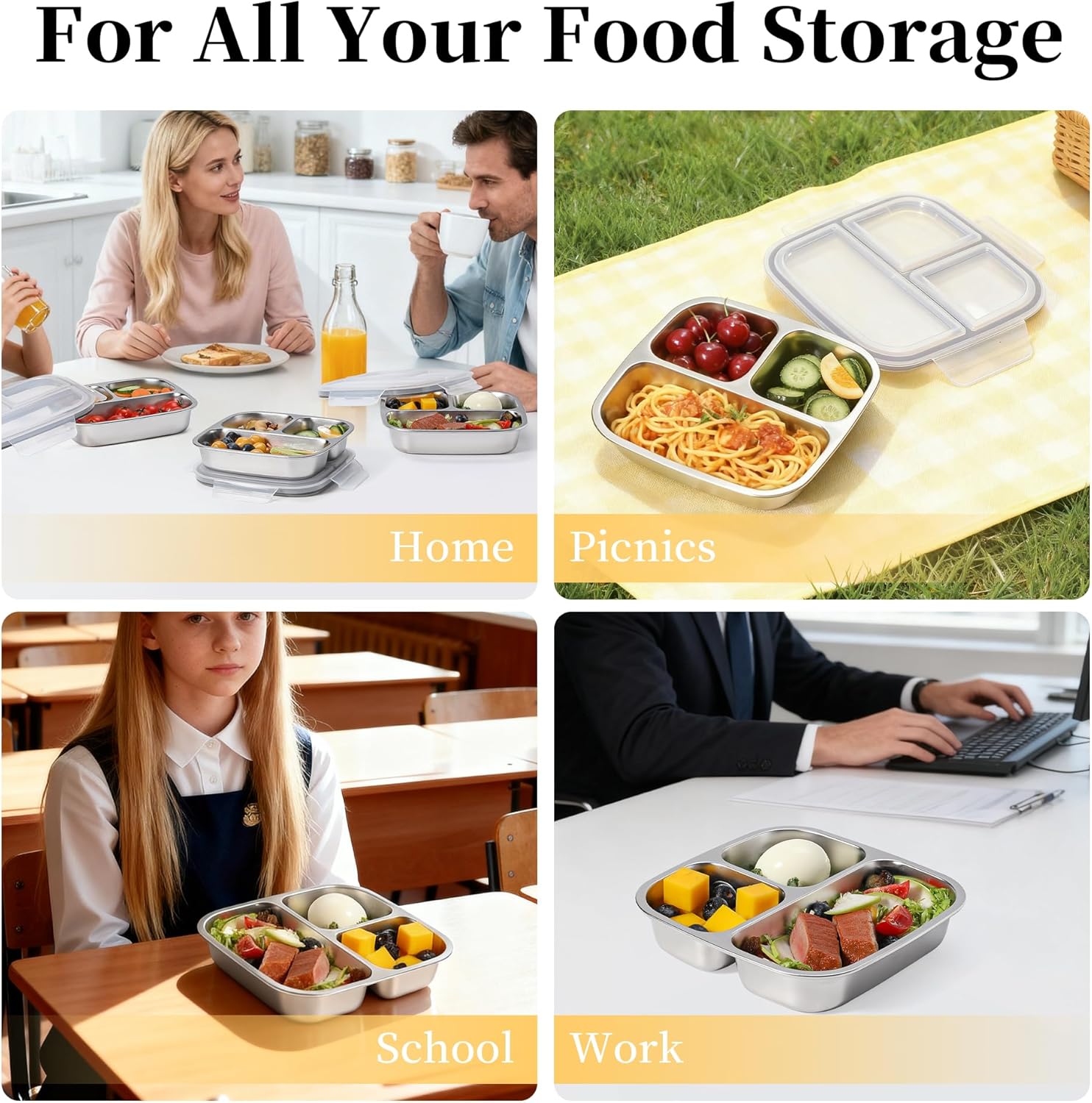 4 Pack Stainless Steel Snack Containers with Lids 3 Compartment Snackle Box Container Lunch Box for Adults Meal Prep Bento Box Containers Reusable Work (4, Gray, 600ml) - Image 7