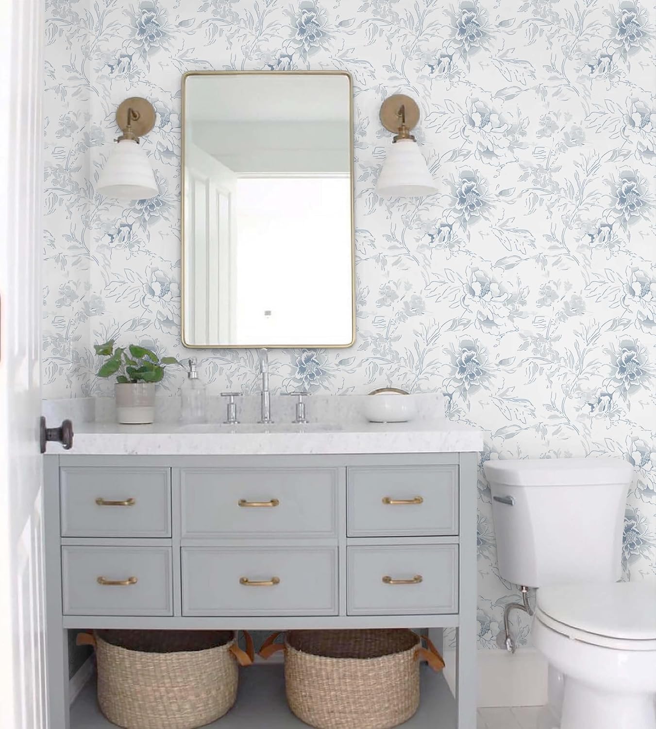Heroad Boho Floral Wallpaper Blue and White Peel and Stick Wallpaper 17.3''x393'' Flower Contact Paper for Cabinets Drawers Self Adhesive Removable Wall Paper for Bathroom Waterpcolor Decor Vinyl Roll