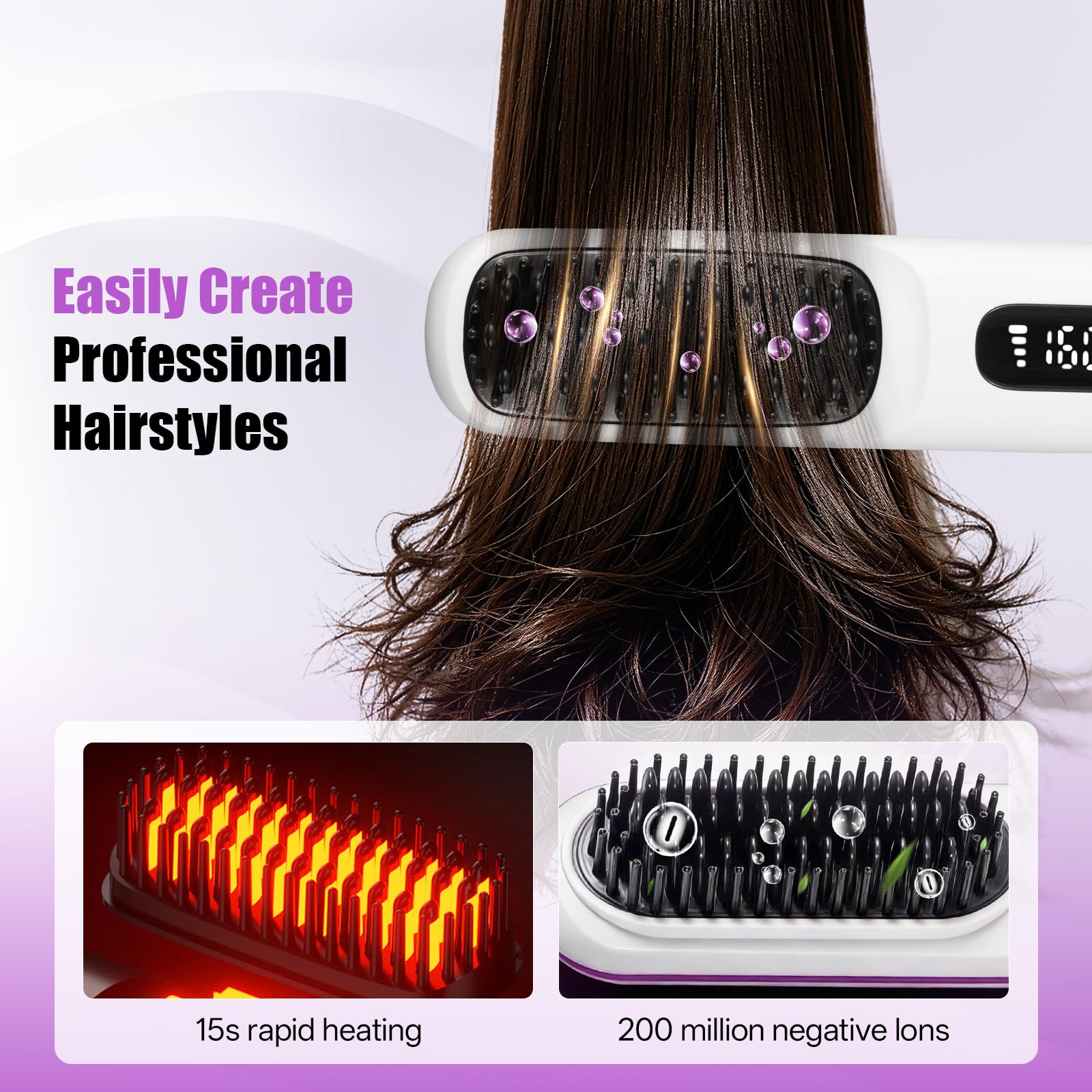 RUIZHI Haarbürste Elektrisch, Glättbürste Kabellos, Stylingbürste für Kurze Haare, Elektrische Haarglätter Bürste, Glättungsbürste, Hot Comb für Reisen, mit LED Anzeige und 3 Temperatureinstellung - 3