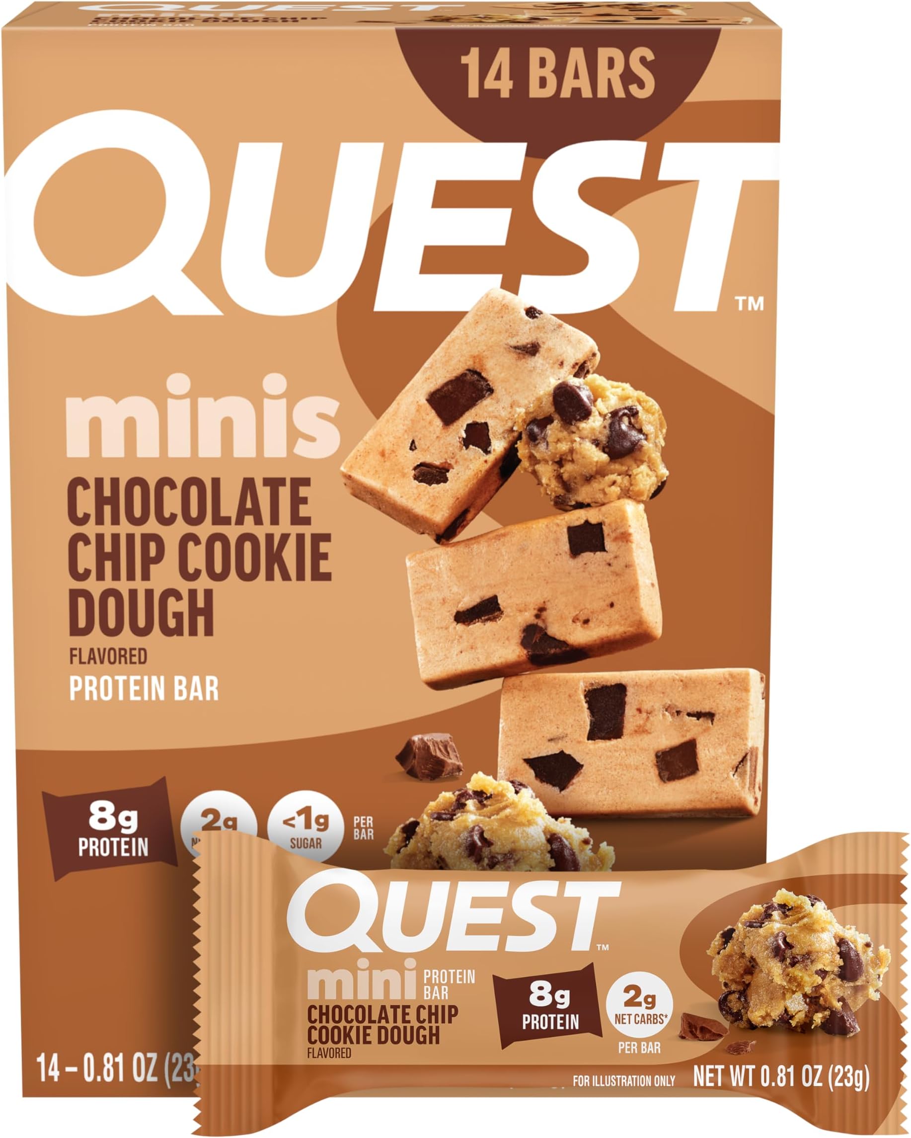 Quest Mini Chocolate Chip Cookie Dough Protein Bars, 8g Protein, 1g Sugar, 2g Net Carbs, 14 Bars 322g