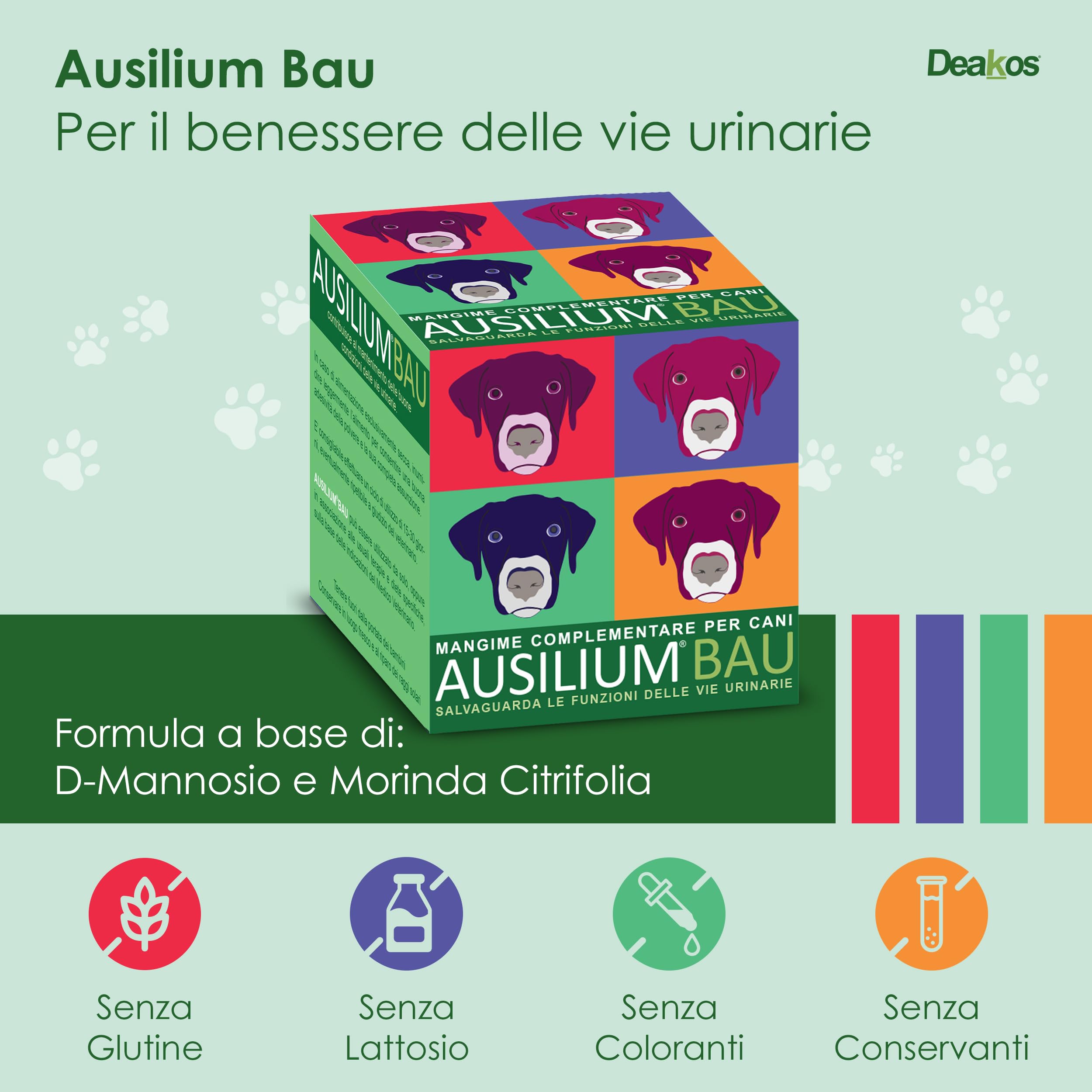 Deakos Ausilium Bau in Polvere 100g - Integratore Cane per il Benessere delle Vie Urinarie - Con D-Mannosio Puro e Morinda Citrifolia - Integratore per cani Senza Glutine e Lattosio