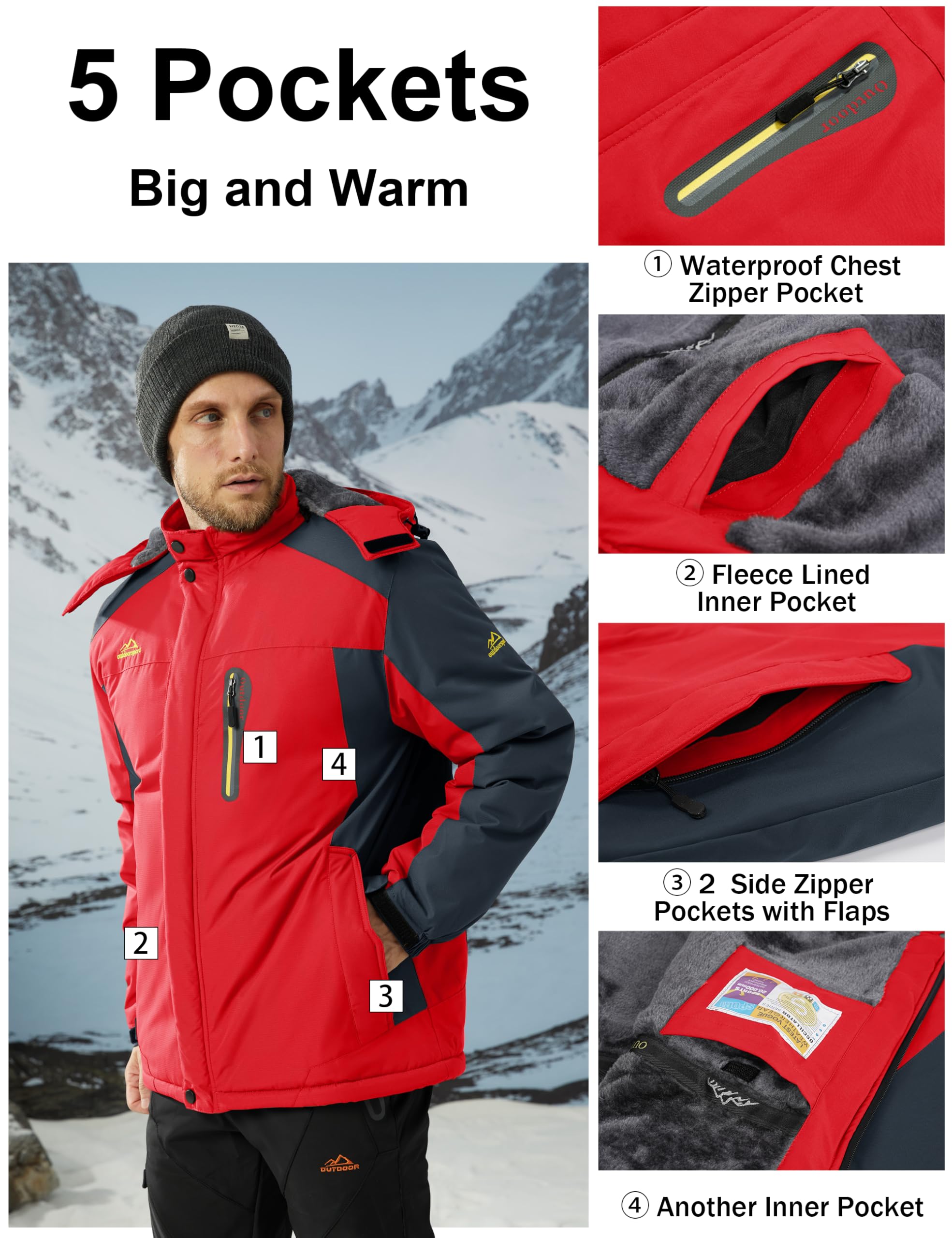 MAGCOMSEN Giacca da Sci Impermeabile da Uomo Antivento da Montagna Parka in Pile con Cappuccio
