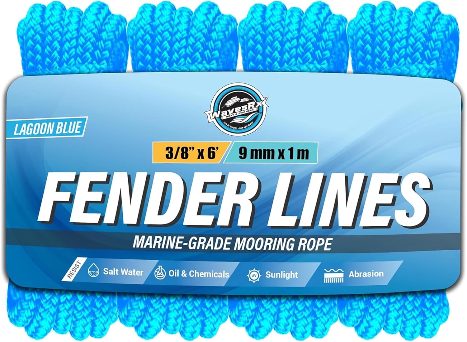 WavesRx Premium Fender Line 3/8'' x 6' (4 Pack) | Double Braided Nylon Boat Dock Lines and Ropes for Docking Buoys & Fenders | Marine Dock Ropes for Boats, Pontoons | Boat Ropes for Docking with Loop