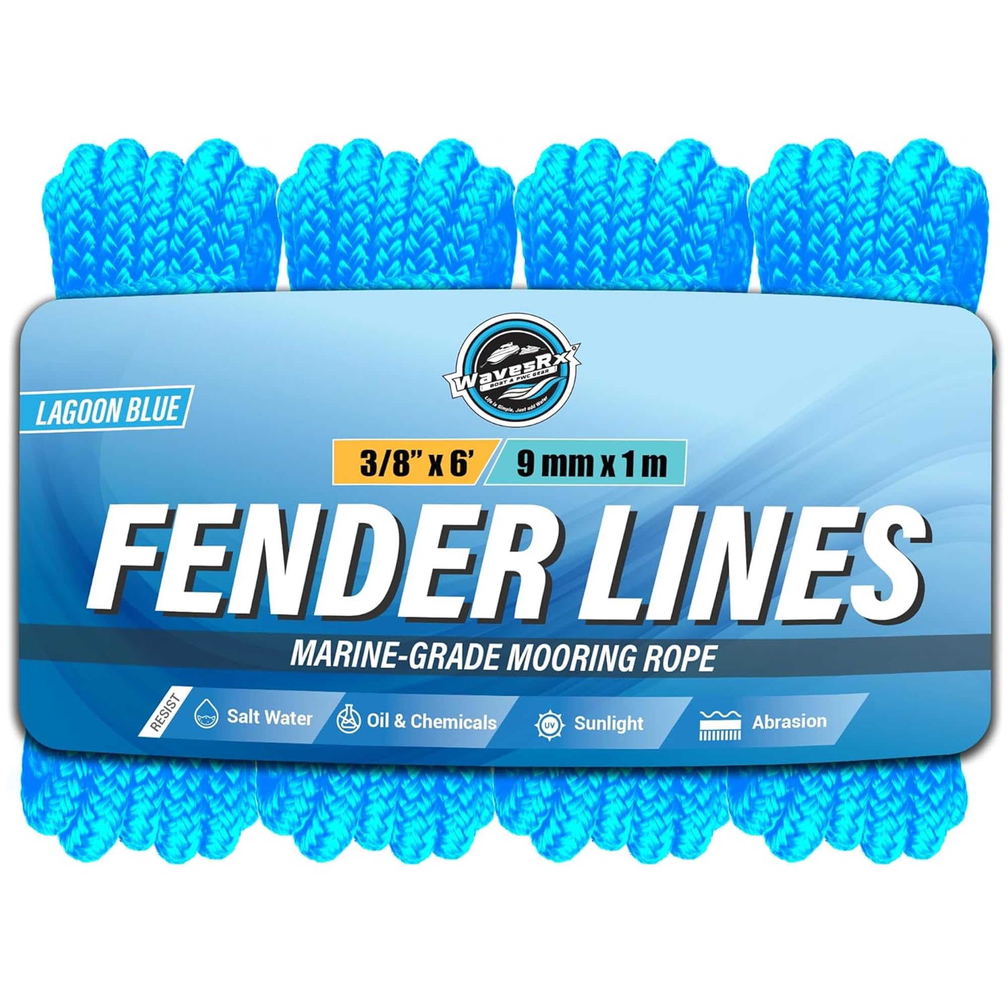 Wavesrx Lagoon Blue Premium Fender Line - 4 Pack | Double Braided Nylon Boat Lines And Ropes For Docking Buoys & Fenders | Marine Dock Ropes For Boats, Pontoons (Lagoon Blue)