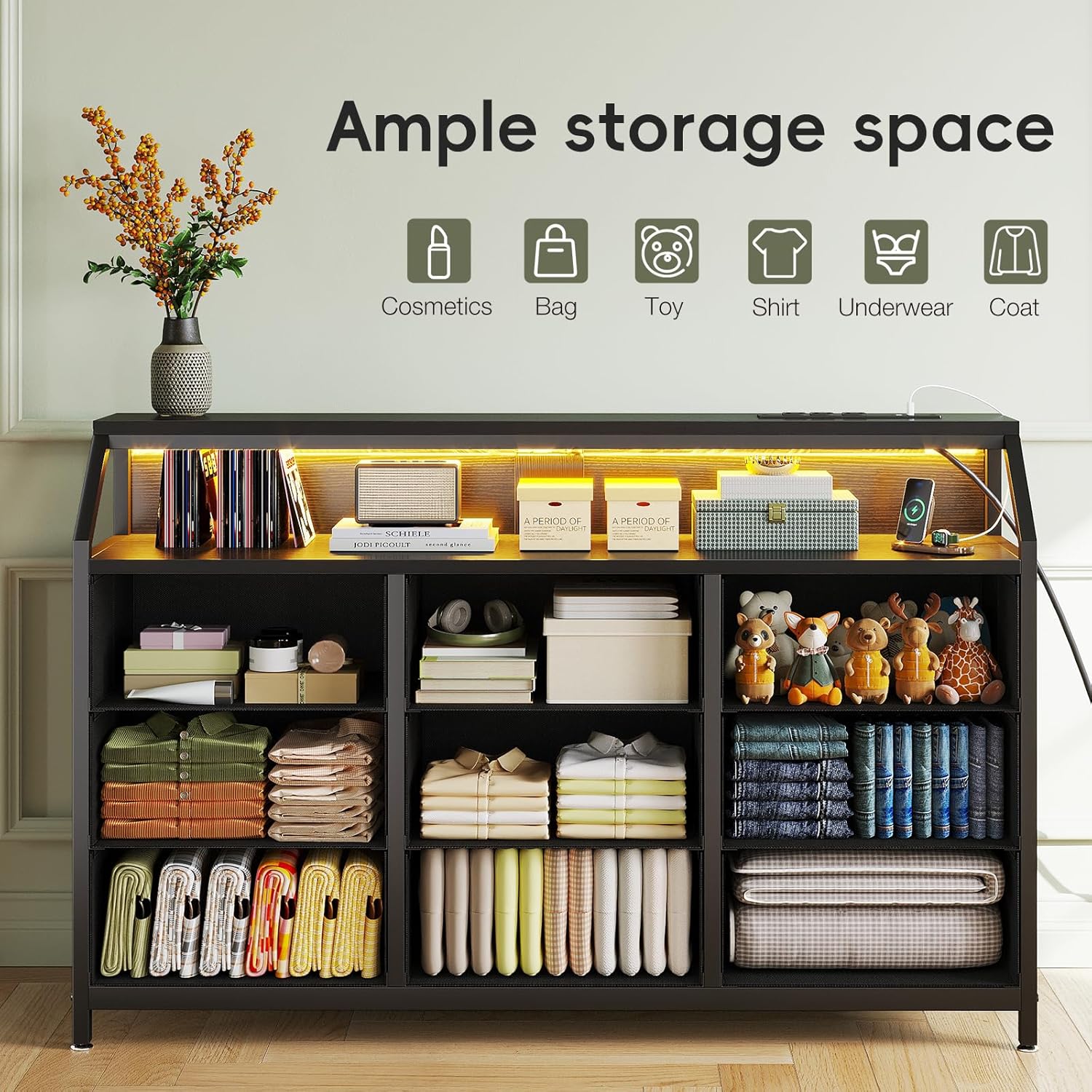 Image showing the dresser with various items stored in drawers and on shelves, demonstrating ample storage space.