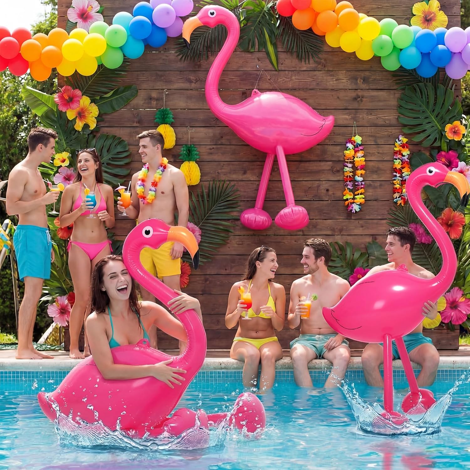Realspring 3 Pcs 60 Inch Giant Inflatable Pink Flamingo Large PVC Flamingo Animal Blow-up Pool Toy Beach Luau Summer Birthday Party Accessories for Adults Boys Outdoor Indoor Hawaiian Decoration