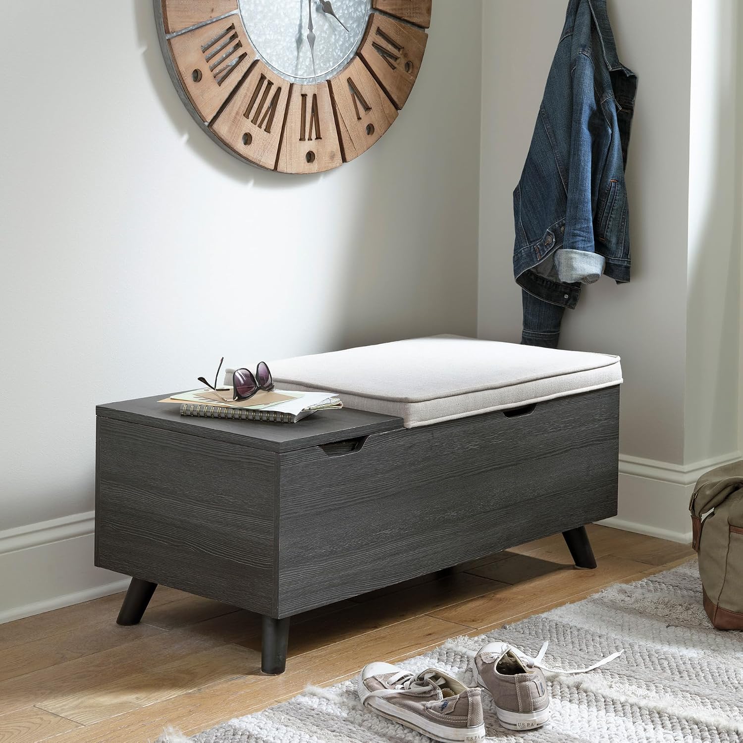 Signature Design by Ashley Yarlow Mid Century Modern Upholstered Storage Bench, Charcoal Gray