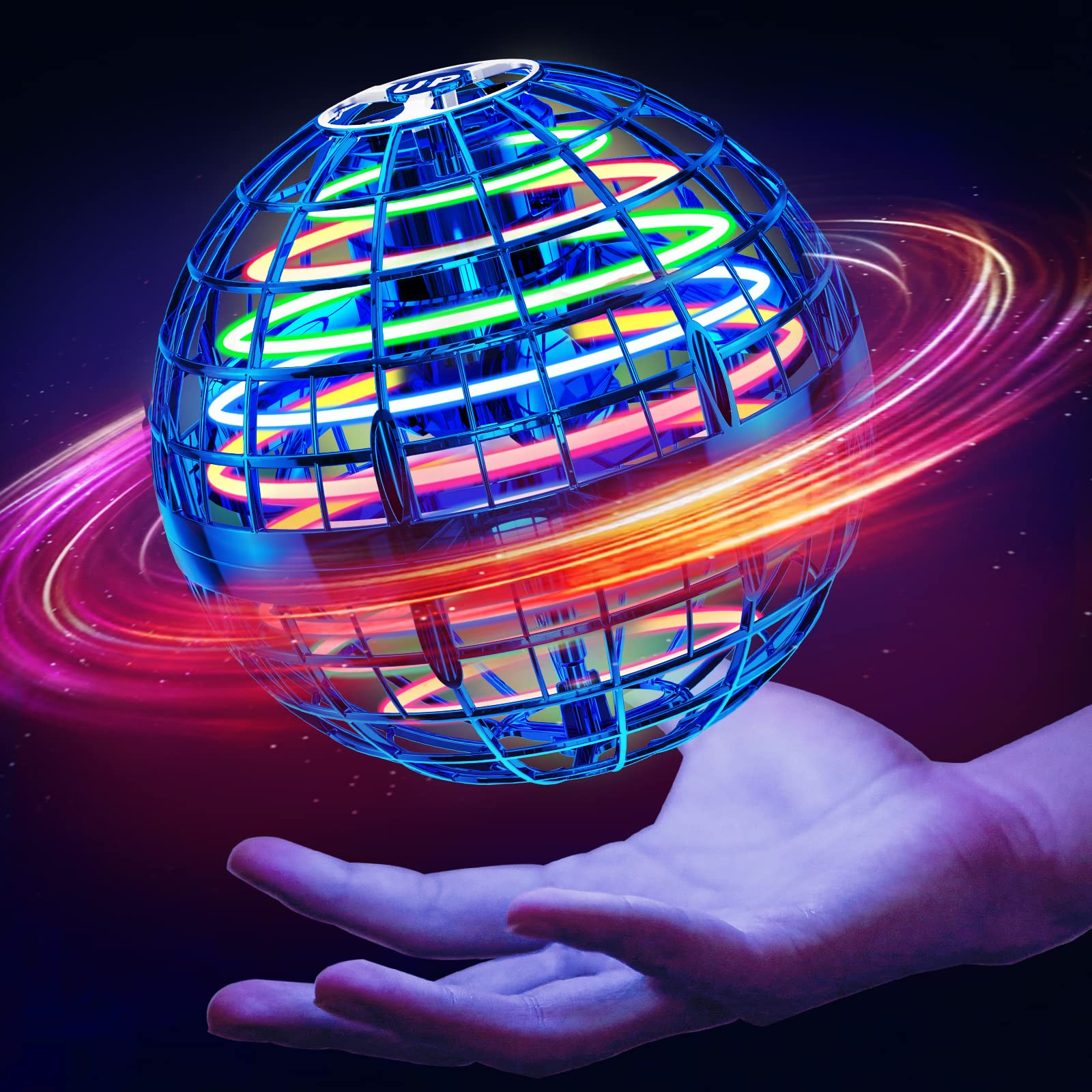 YUSOUWEY Flying Orb Ball (Blue) With 360° Rotating, Indoor Outdoor Gifts Toys For Kids Adults, RGB lights, Mini Drone Flying Toy Boomerang Fly Spinners, Cool Stuff UFO Toys