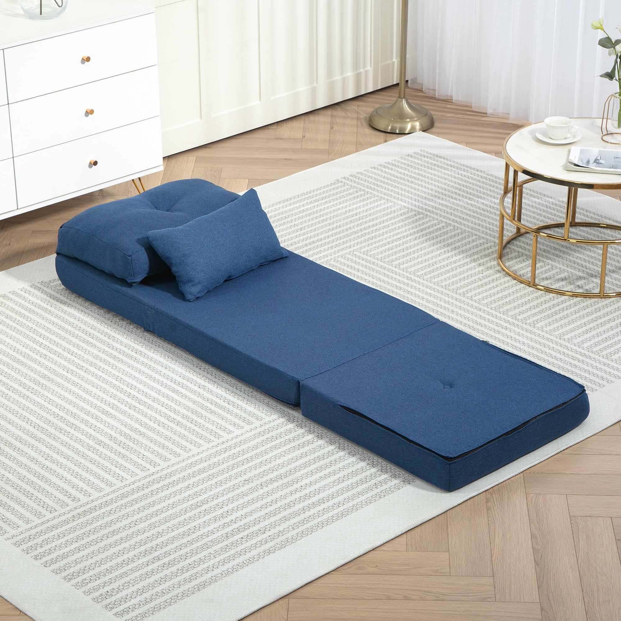 HOMCOM Sillón Convertible 1 Plaza Sillón Perezoso Cama Calentador 1 Plaza - Cojín Incluido, Respaldo Ajustable - Salón, Carga 120 kg, Tejido Lino Azul Oscuro
