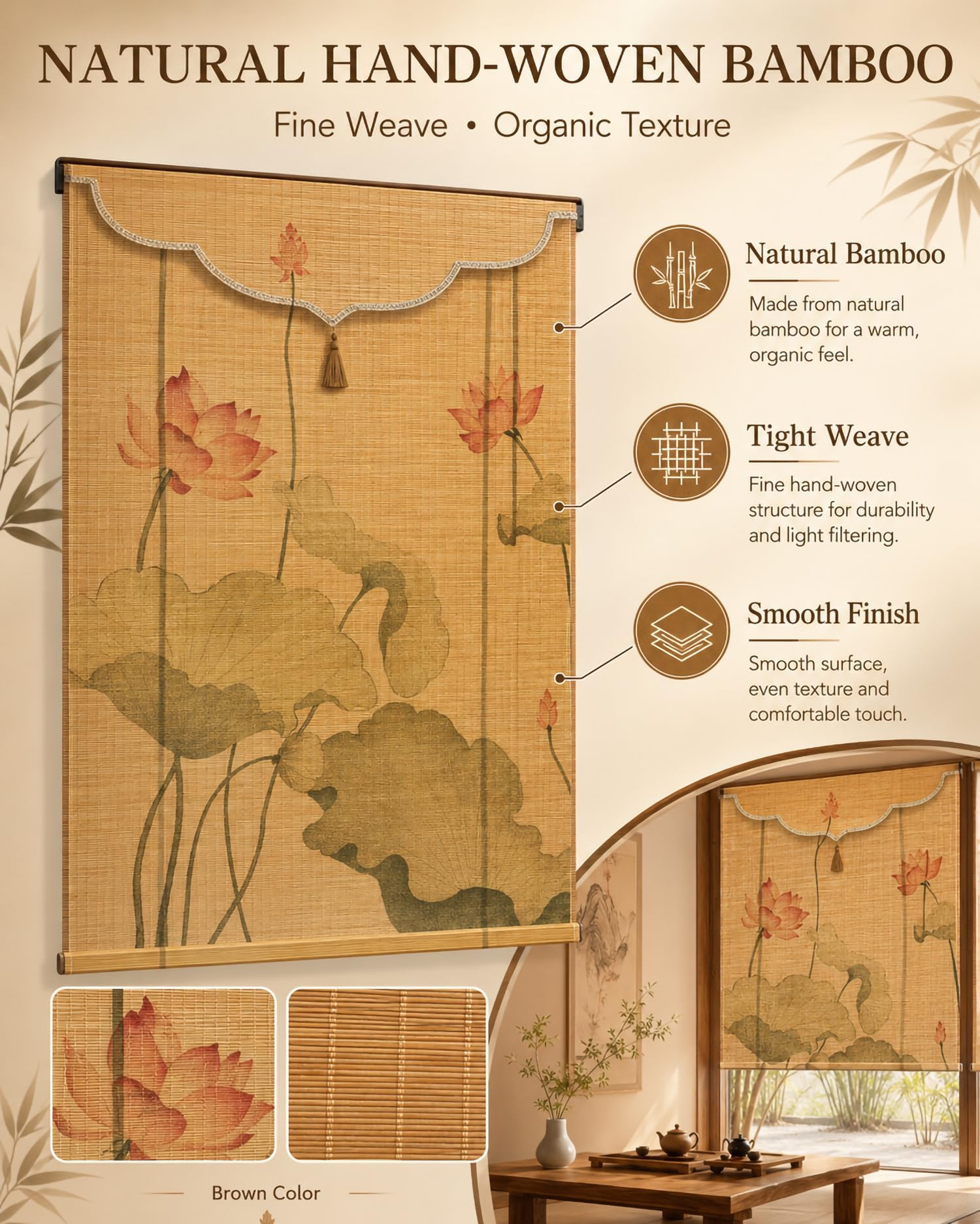 Tenda A Rullo in Bambu Naturale, Tenda Oscurante da Interno, Japanese Zen Style Altezza Regolabile, Tendes A Pacchetto Soggiorno Camera Sala da Te,60 * 183cm / 24 * 72"
