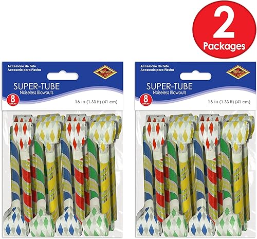 Miniatura 5 de Beistle Paquete de 16 sopladores silenciosos súper tubos en rojo/amarillo/verde/azul/blanco/gris, recuerdos de fiesta novedosos para fiestas de