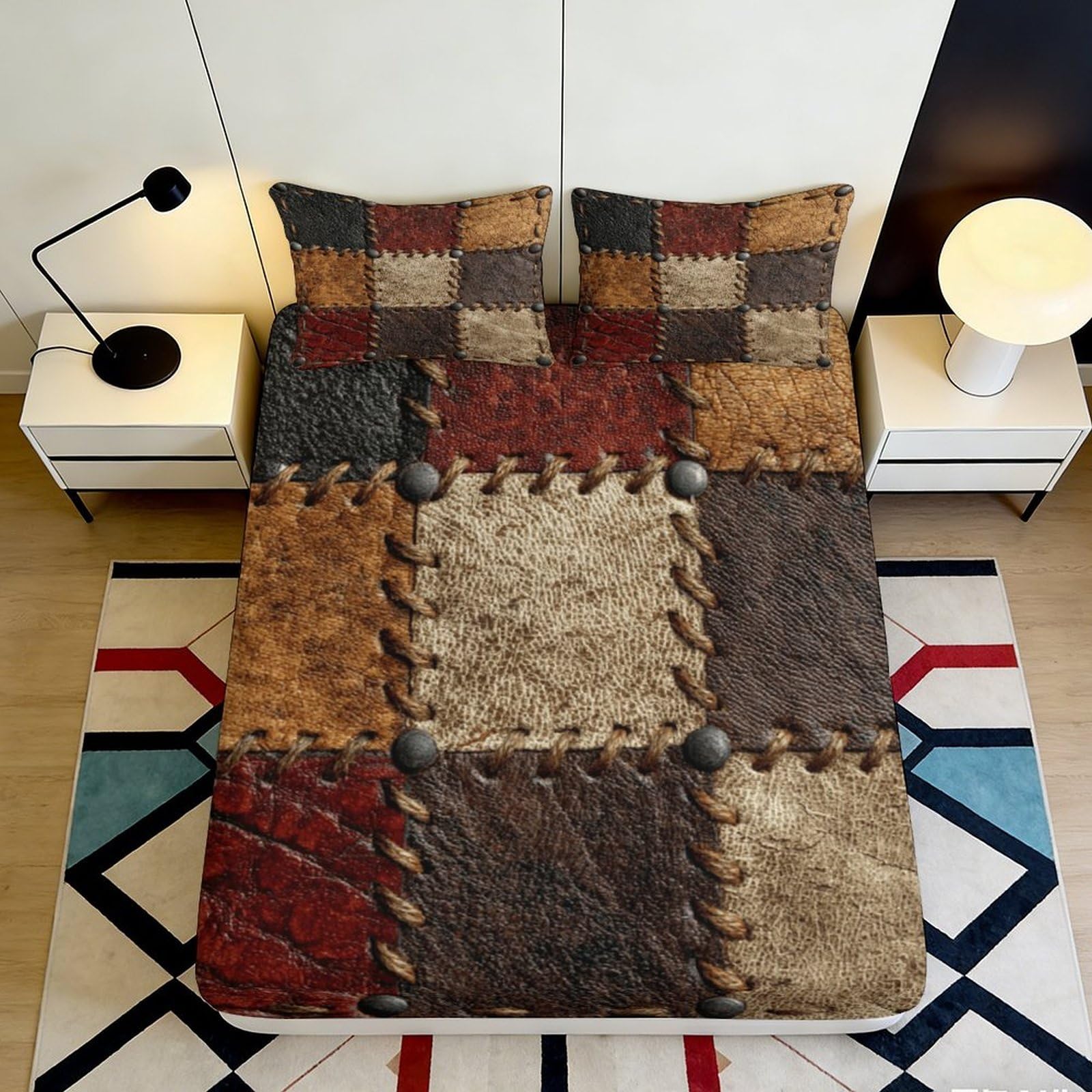 3D Printed Patchwork Leather Fitted Sheet Microfiber Non-Slip Bed Cover for Bedroom Dorm Apartment Mattress Decor 120x200x25cm