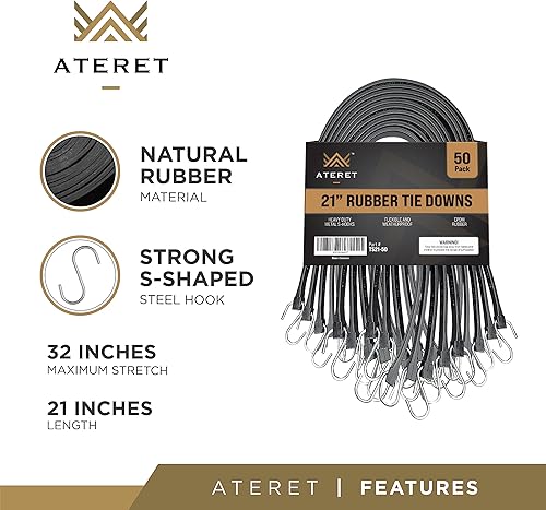 Miniatura 2 de ATERET Cuerdas elásticas de goma con ganchos I de 21 pulgadas, 32 pulgadas de elasticidad máxima, correas de amarre negras resistentes para