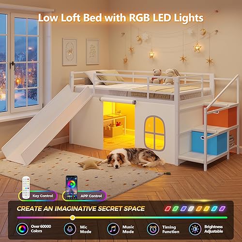 Miniatura 4 de DICTAC Cama alta baja con tobogán, escalera de almacenamiento y luces LED, cama alta de metal tamaño individual con espacio de juego debajo de la