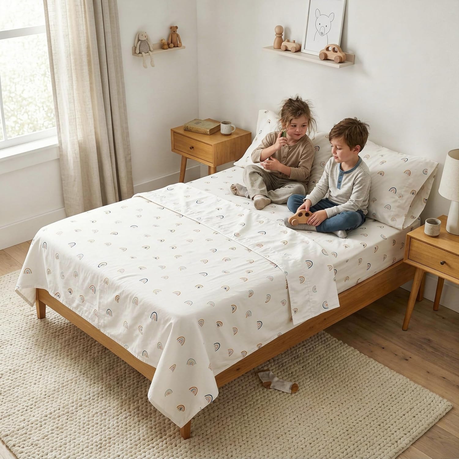 MakeMake Organics Organic Sheet Set Twin (3 Piece) GOTS Certified Organic Cotton Sheets 300 TC Sateen Soft 1-Fitted Sheet, 1-Flat Sheet, 1-Pillow Cases Toddler Kids (Twin, Rainbow)
