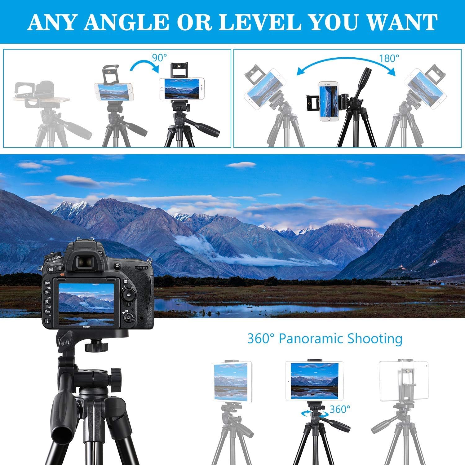 Phone Tripod, 50'' Phone Tripod with Phone Camera Tablet Holder and Remote Shutter, Aluminum Tripod Stand for Universal Smartphone ipad iPhone DSLR