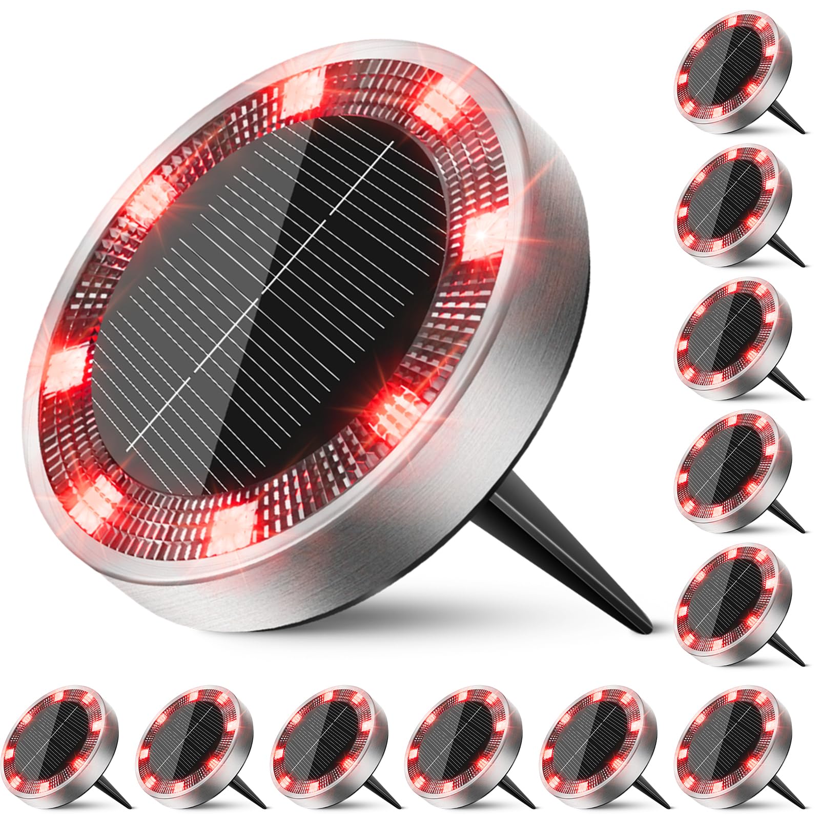 Peasur Solar Ground Lights Outdoor, 12 Pack Flat Solar Powered Disc Lights, IP68 Waterproof, Anti-Rust, Landscape Lighting for Pathway Garden Yard Lawn Walkway Landscape Driveway, Red