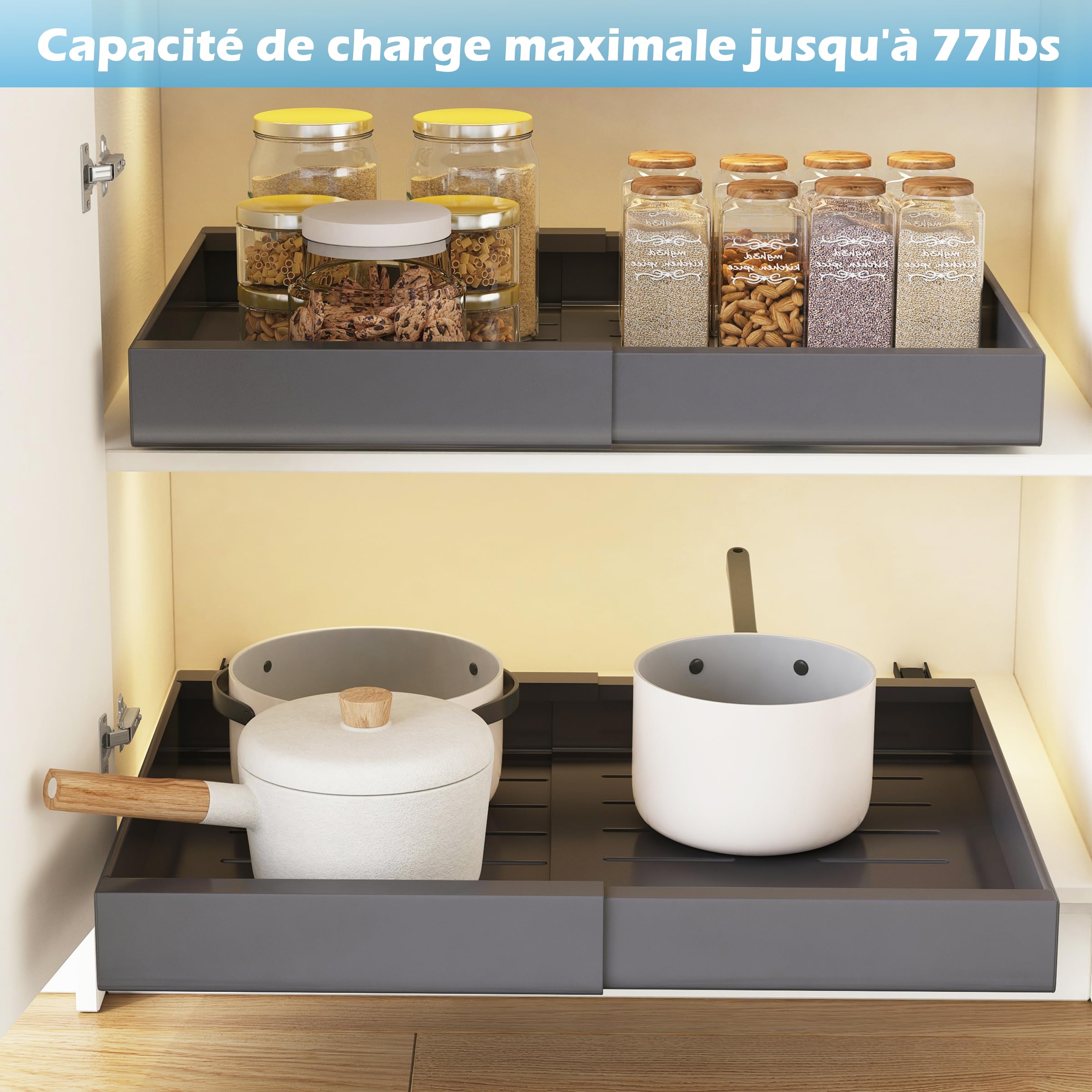 Tiroir Télescopique COVAODQ Pour Cuisine - Organisateur Armoire Coulissant, Gris | Largeur Ajustable 31,5-52cm