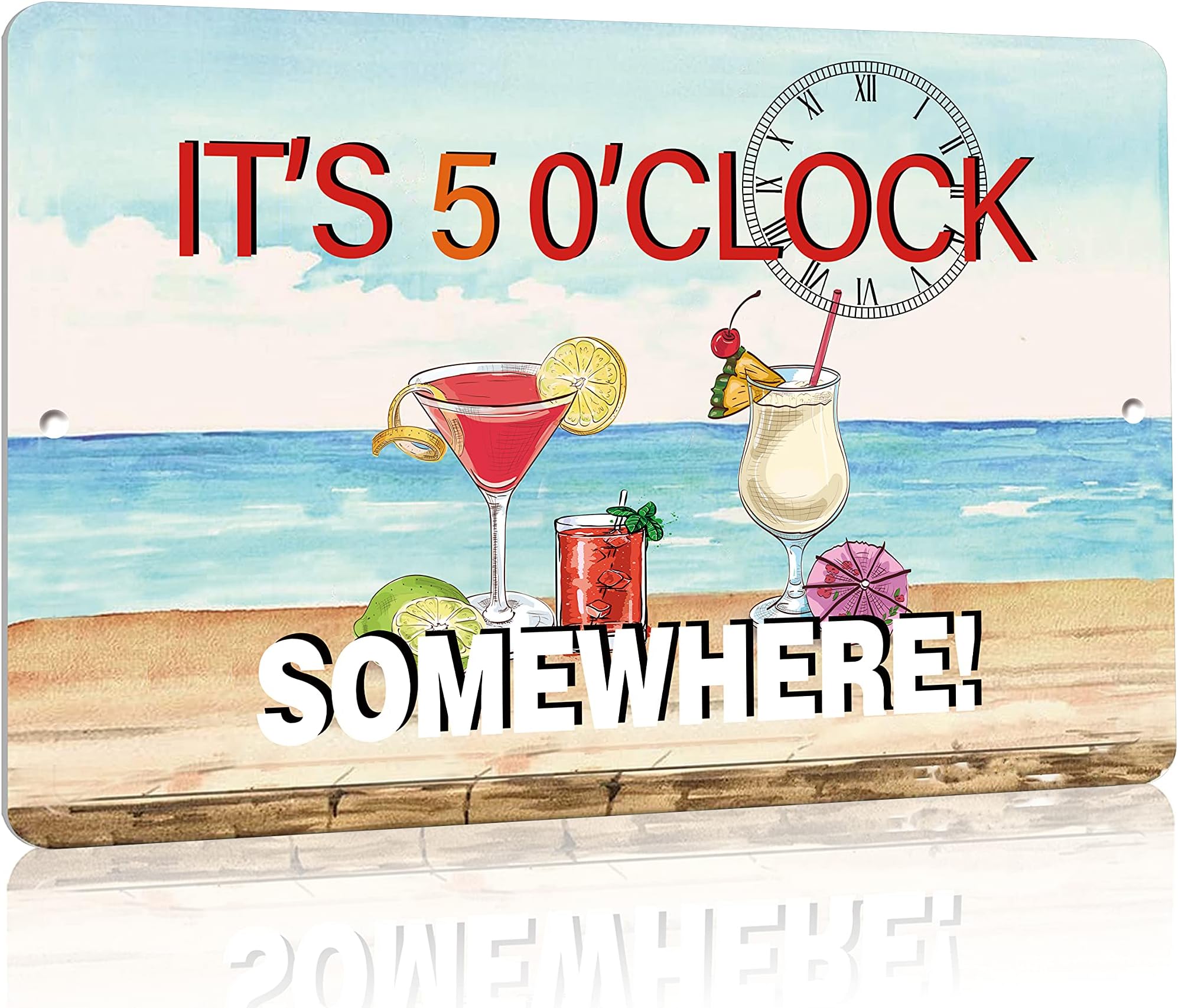 Five O Clock Somewhere Unique Metal Wall Decor for Home, Bar, Diner, Pub, 12x 8 Inches,Fun Kitchen Decor, Unique Drinking Sign, Funny Bar Signs, Vintage Kitchen Signs