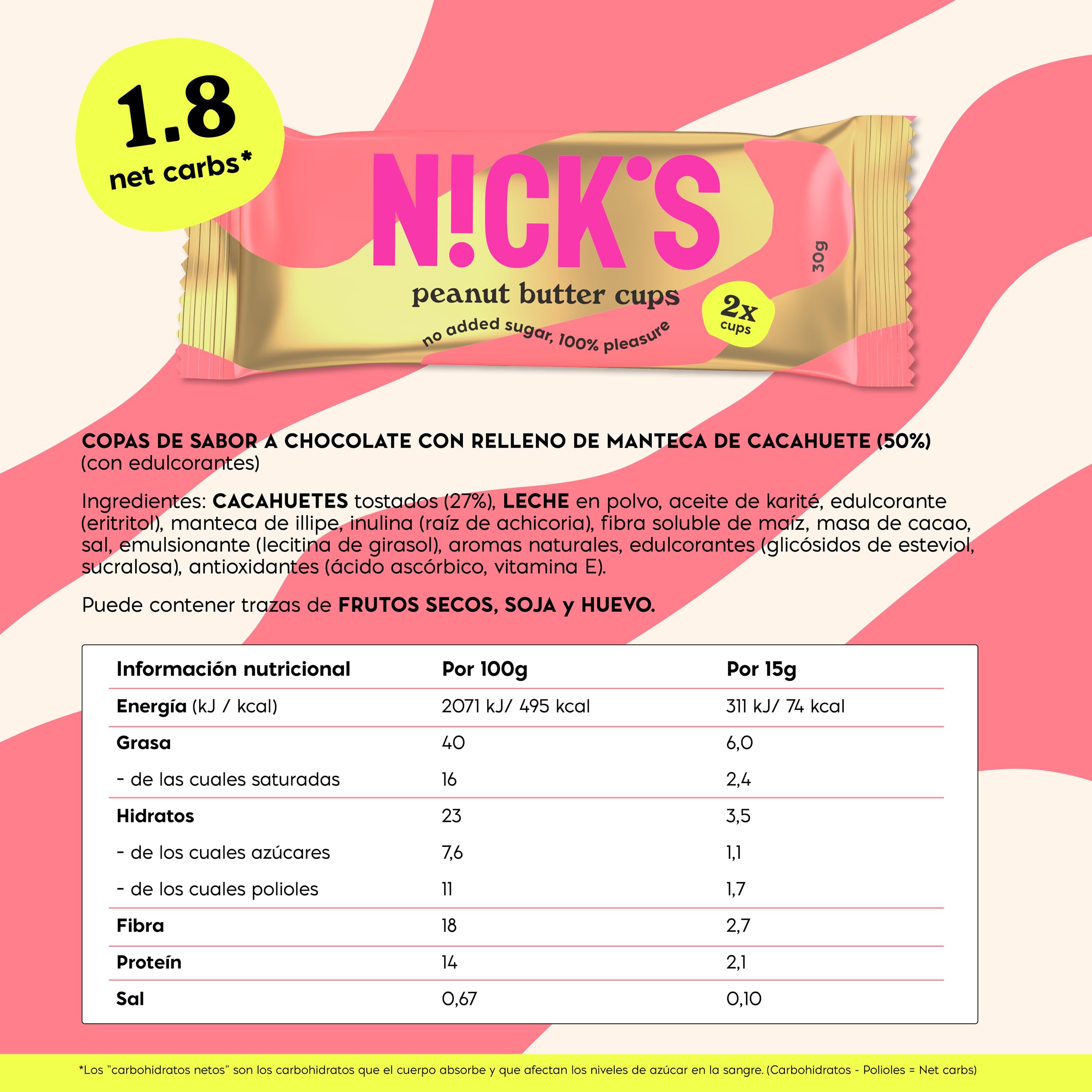 NICKS Peanut Butter Cups, Bombones de Mantequilla de Cacahuete y Chocolate Sin Azúcar, Bajos en Carbohidratos (1,8 Net Carbs), Sin Gluten, Sin Aceite de Palma, Snacks Saludables Keto 12x30g (2x1)
