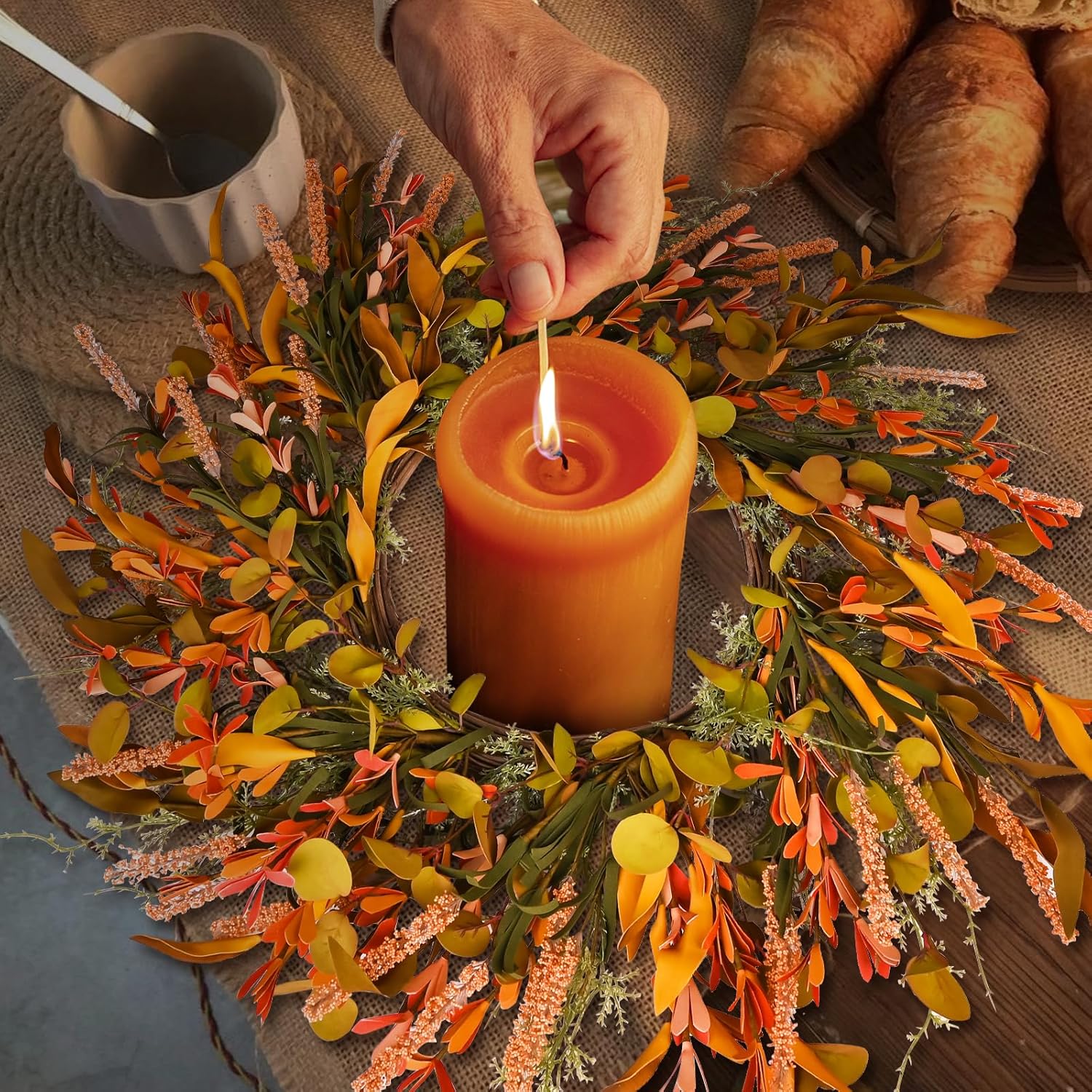24" Orange Flower Fall Wreath with Colorful Mixed Leaves, Autumn Eucalyptus Artificial Wreath for Thanksgiving Halloween Front Door Window Home Wall Farmhouse Holiday Outdoor Indoor Décor