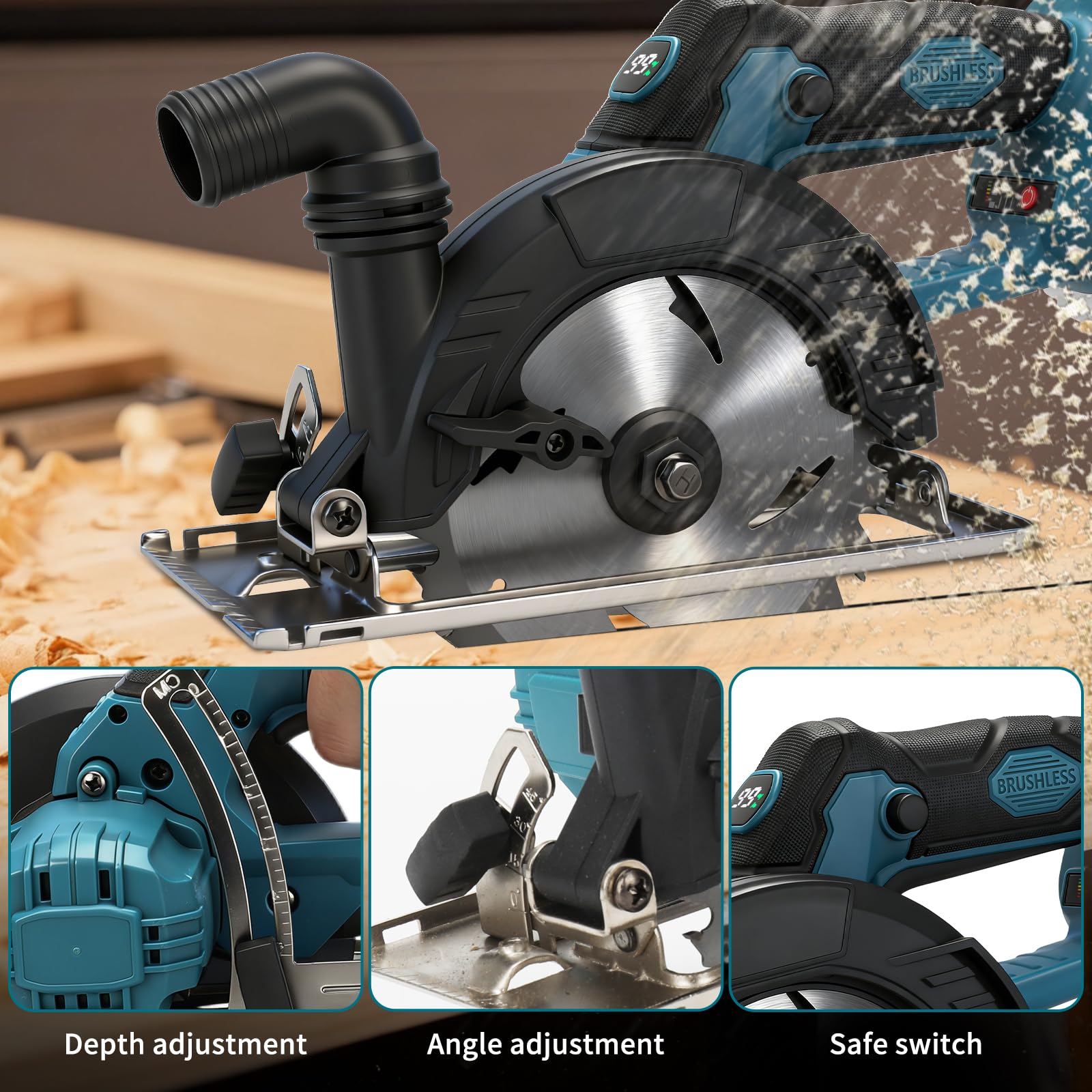 Sierra circular de mano con batería para Makita 18 V batería de litio (sin batería), motor sin escobillas, hoja de sierra Ø 150 mm, 6000 rpm, profundidad de corte 56 mm, 0-45°, con pantalla digital
