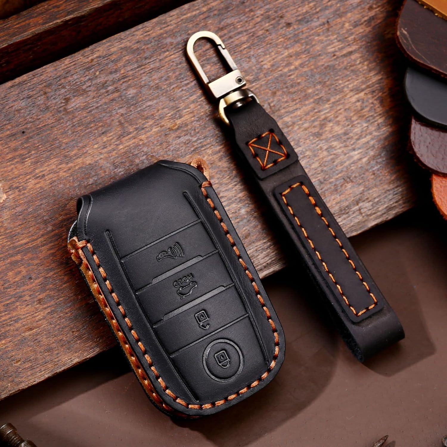 4 Button Leather Key Fob Cover with Keychain Fit for Kia Forte Forte Koup NIRO Optima Rio Sorento Soul Sportage Key Case Cover Key Shell Holder Key Protector Black