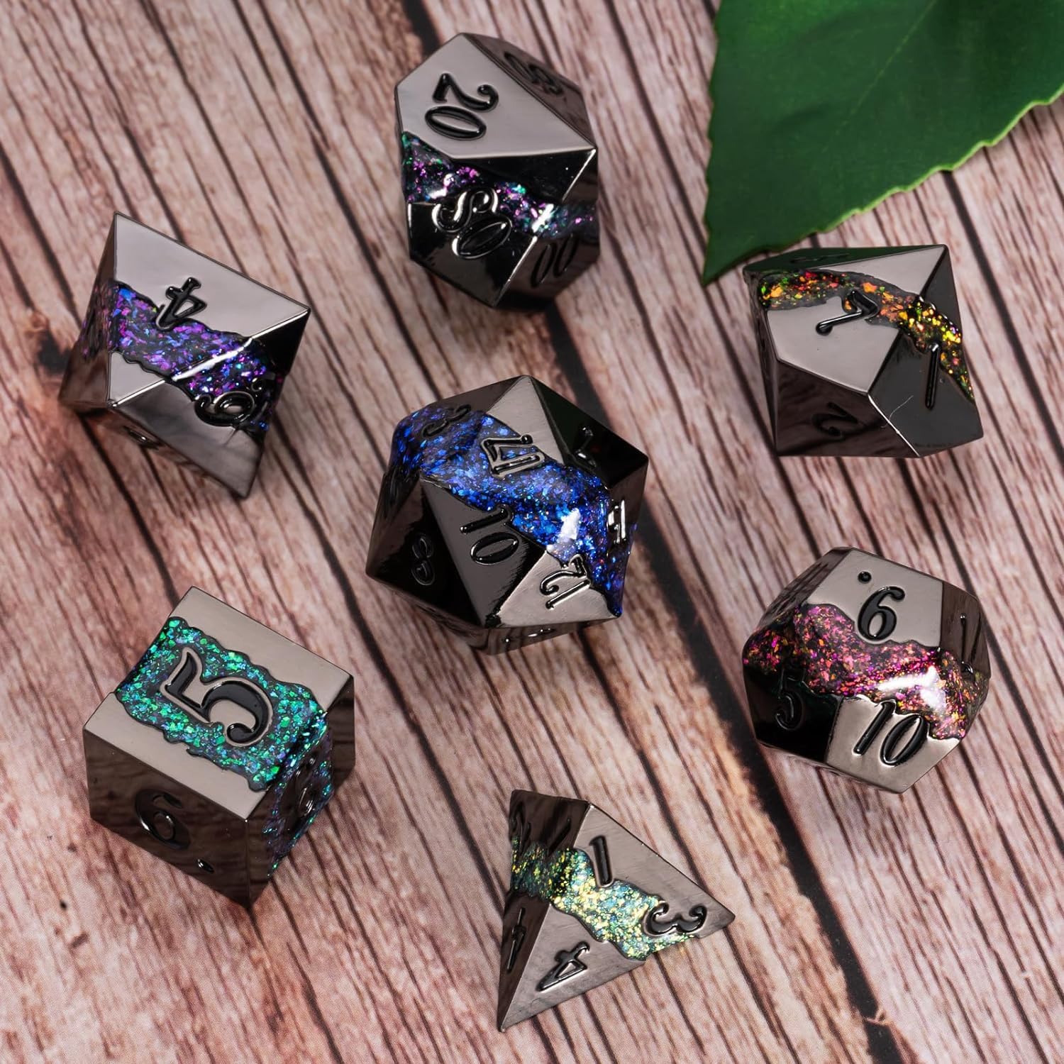 Galaxy Metal Dice Set, 7PCS Polyhedral DND Dice with Glitter Resin Inlay, Heavy Metal RPG Dice for Dungeons and Dragons Tabletop Games