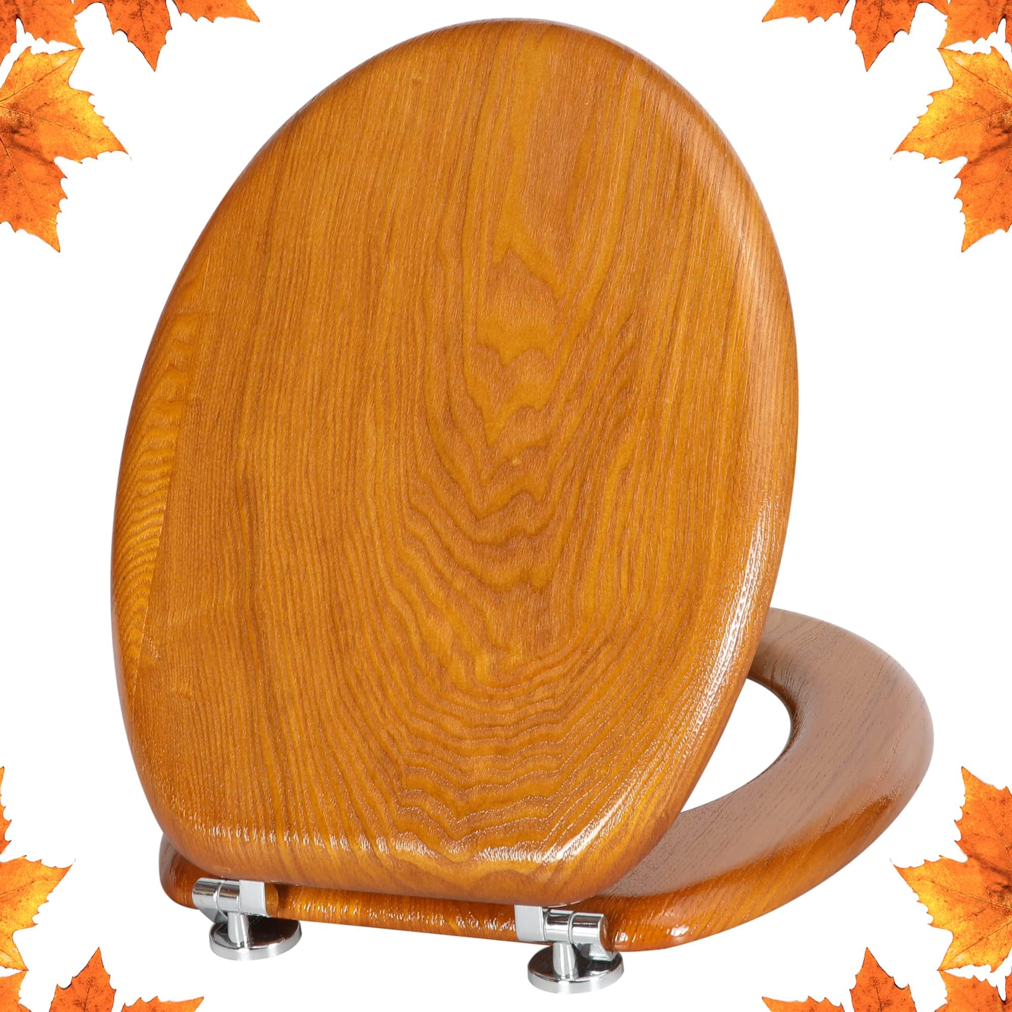 – Angel Shield Natural Wooden Toilet Seat with Zinc Alloy Hinges, Easy to Install and Clean, Anti-Pinch, Antibacterial (Oak Yellow)