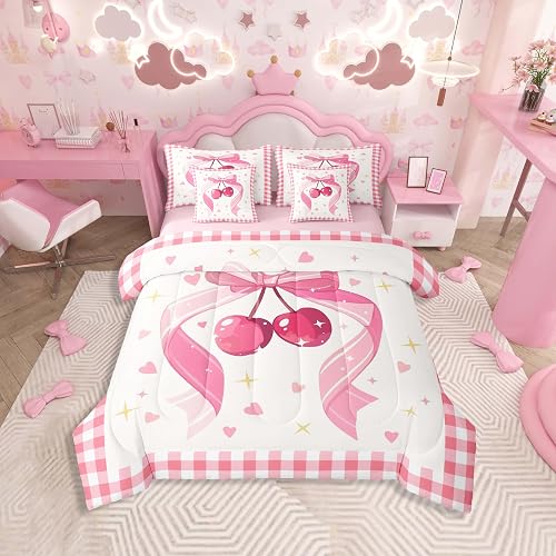 Feelyou Pink Cherry Comforter Set 7 Pieces Cherry Pattern Be