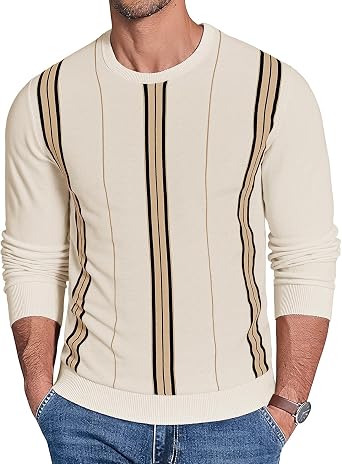 Uni Clau Mens Crew Neck Sweaters Long Sleeve Striped Knitted Pullover Casual Sweaters with Ribbing Edge