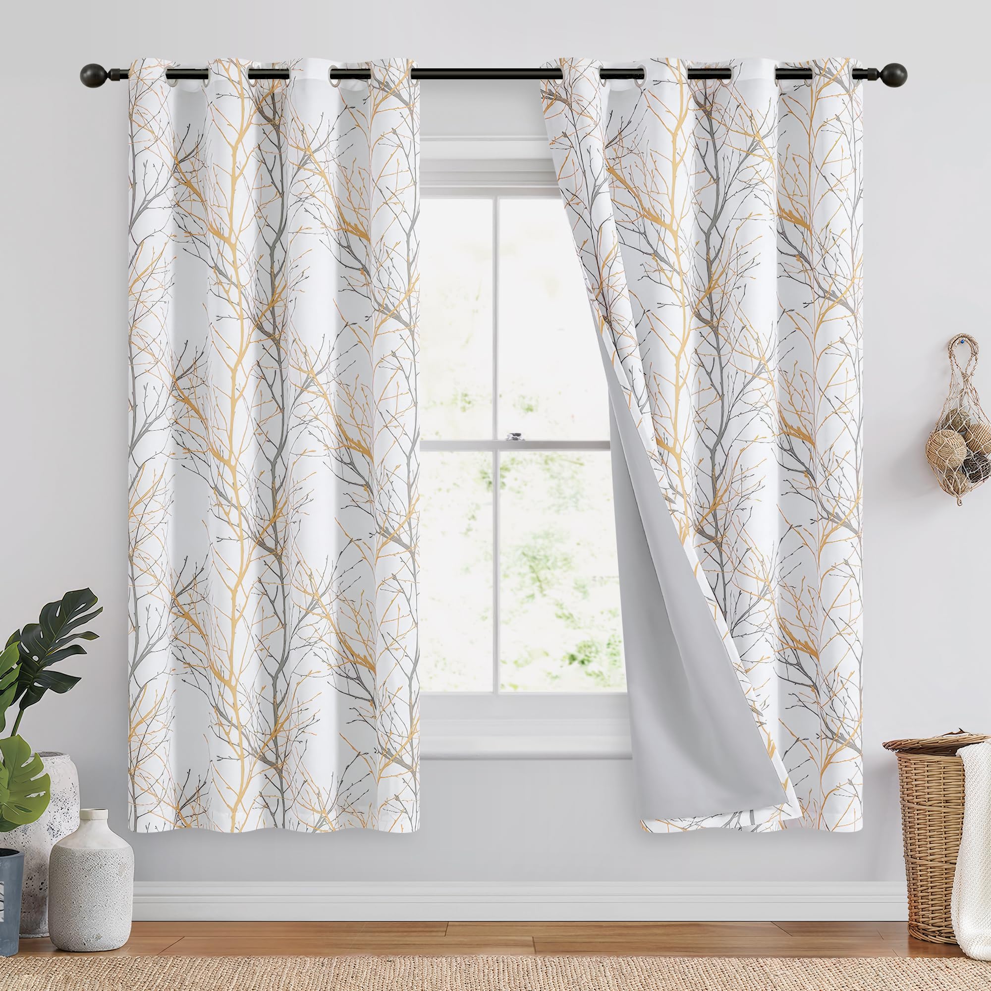 Fmfunctex Contemporary Branch Pattern Curtains 50" x 63" L Yellow