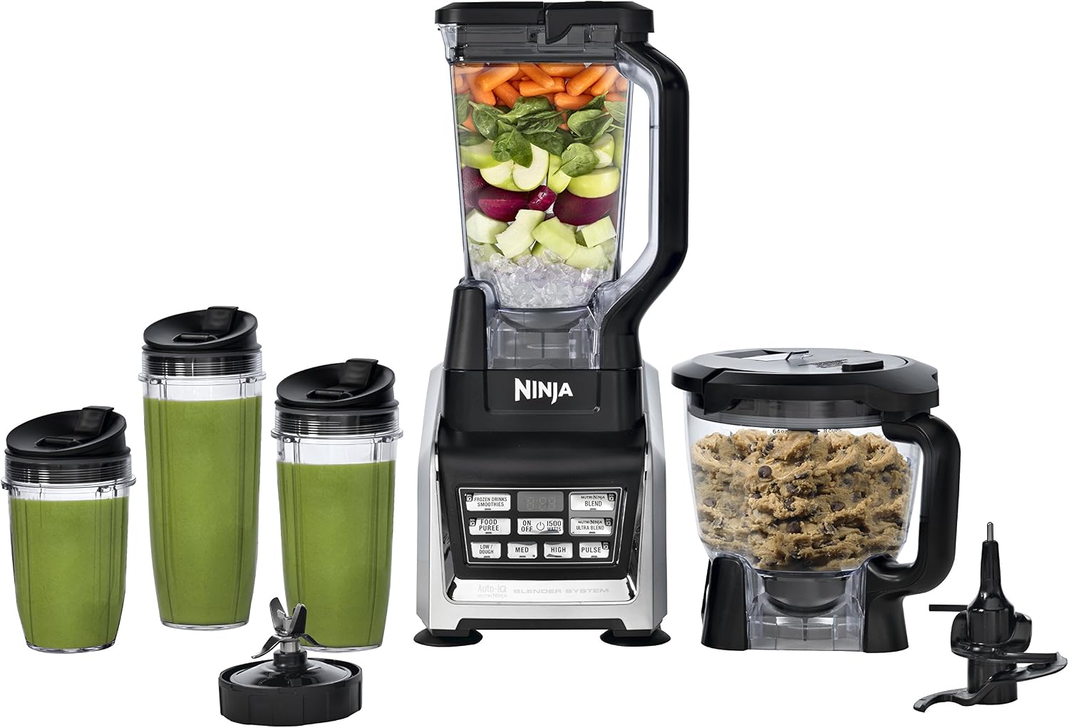 Nutri Ninja Blender/Food Processor with Auto-iQ 1200-Watt Base, 72oz Pitcher, 64oz Processor Bowl, 18, 24, and 32oz Cups, and Prep Blades (BL682)