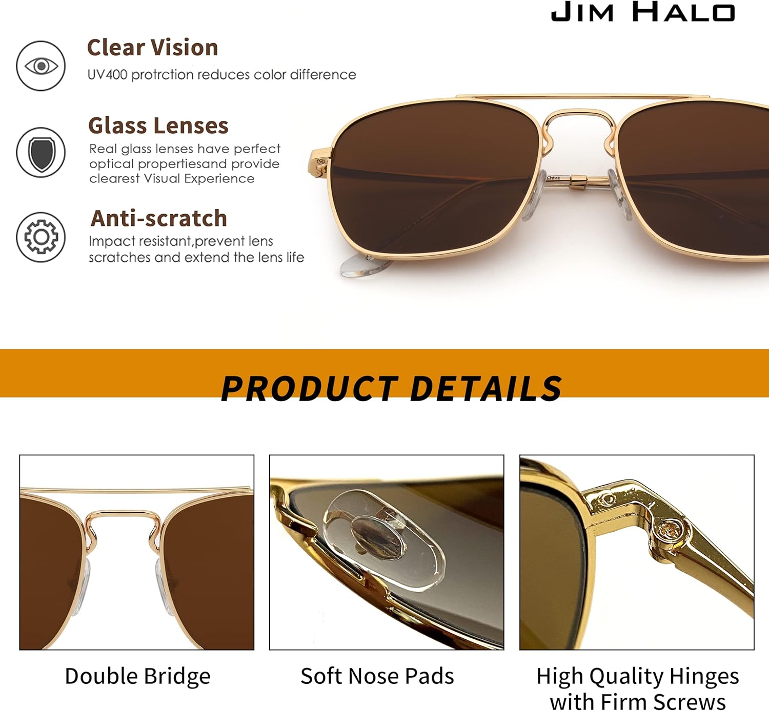 JIM HALO Retro Square Aviator Sunglasses Premium Glass Lens Flat Metal Eyewear Men Women - Image 4