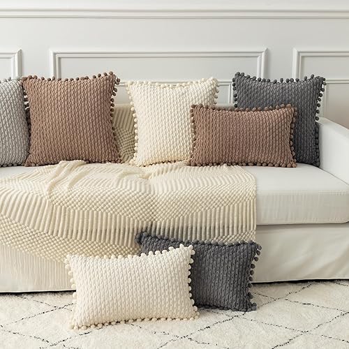Miniatura 6 de Kevin Textile - Juego de 2 fundas de almohada decorativas lumbares de color marrón claro de 12 x 20 pulgadas con pompones para sofá y cama,