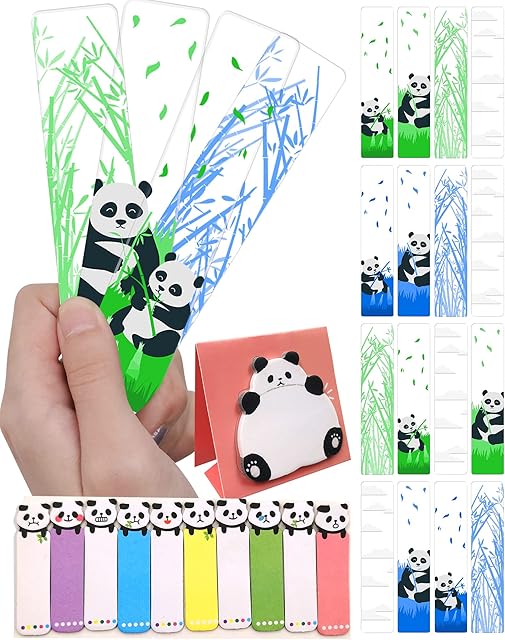 pandaonly 16 Pcs Acrylic Bookmarks,Cute Clear Book Marks with Panda Sticky Notes and Page Markers,for Office Supplies Coworkers Book Lovers Students Gifts(Panda/Bamboo/Cloud)
