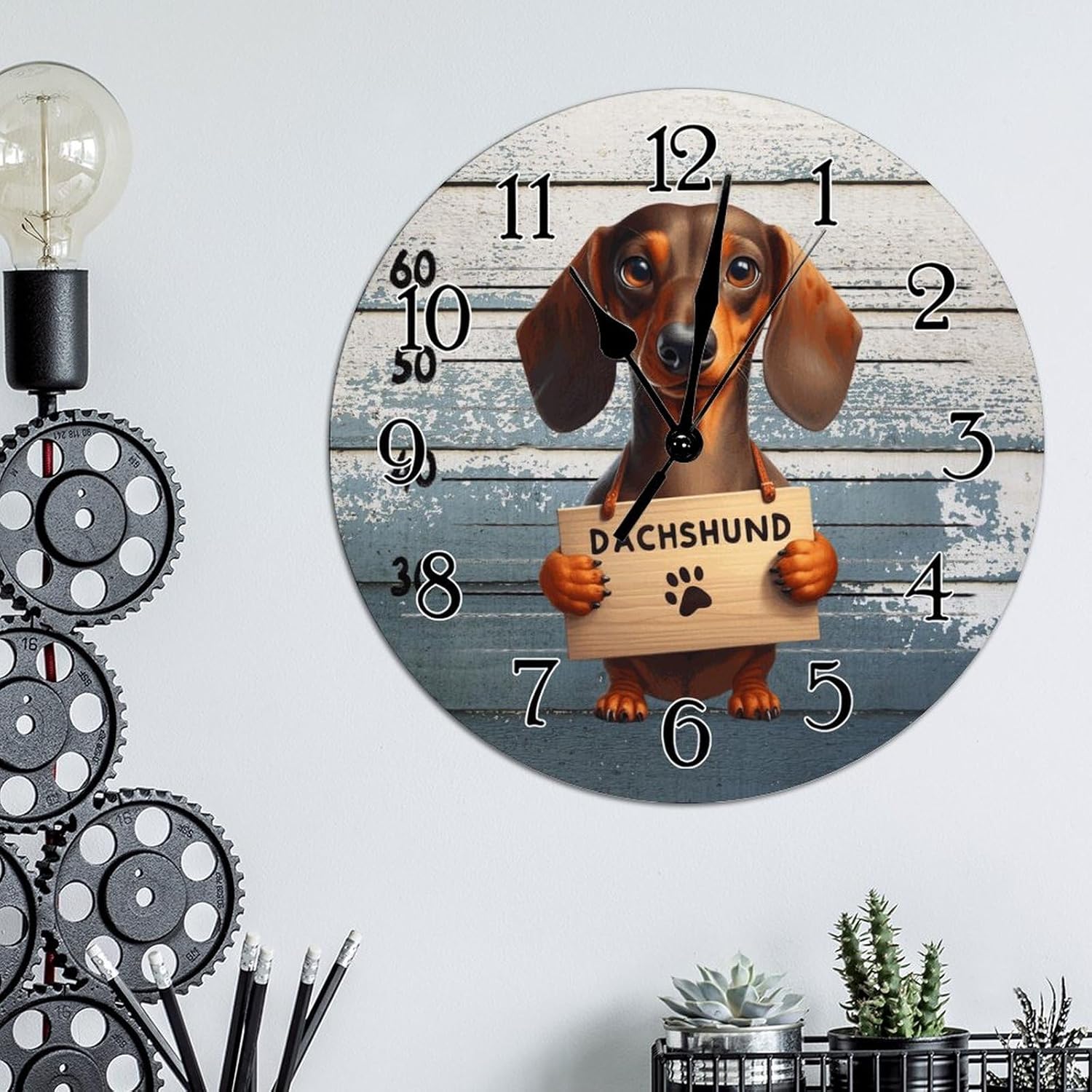 Dachshund Dog Police Lineup Clock for Wall Dachshund Funny Prisoner Dog Clock Battery Operated Silent Wooden Clocks Dog Lover Gift Wooden Clock for Living Room Bedroom 12x12in, sggqmofhbqw6