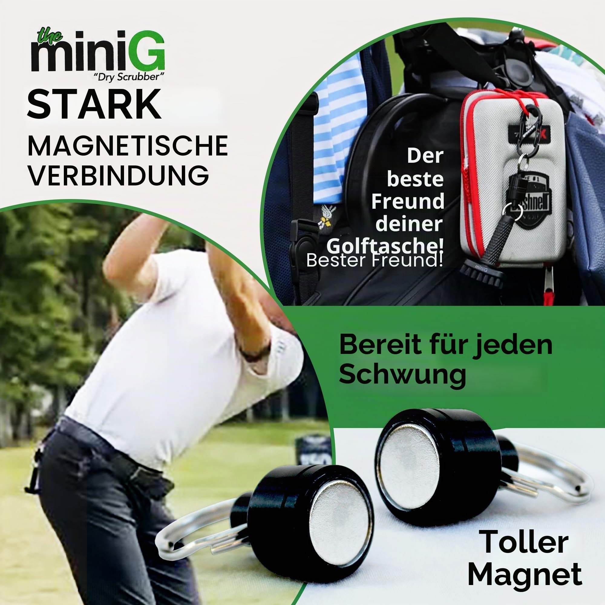 Grooveit Mini-Golfbürste. Der kleine MiniG Dry Scrubber verfügt über einen abnehmbaren Magnet, robuste Nylonborsten und 3 Jahre Garantie – verwendet auf Allen professionellen Golftouren –