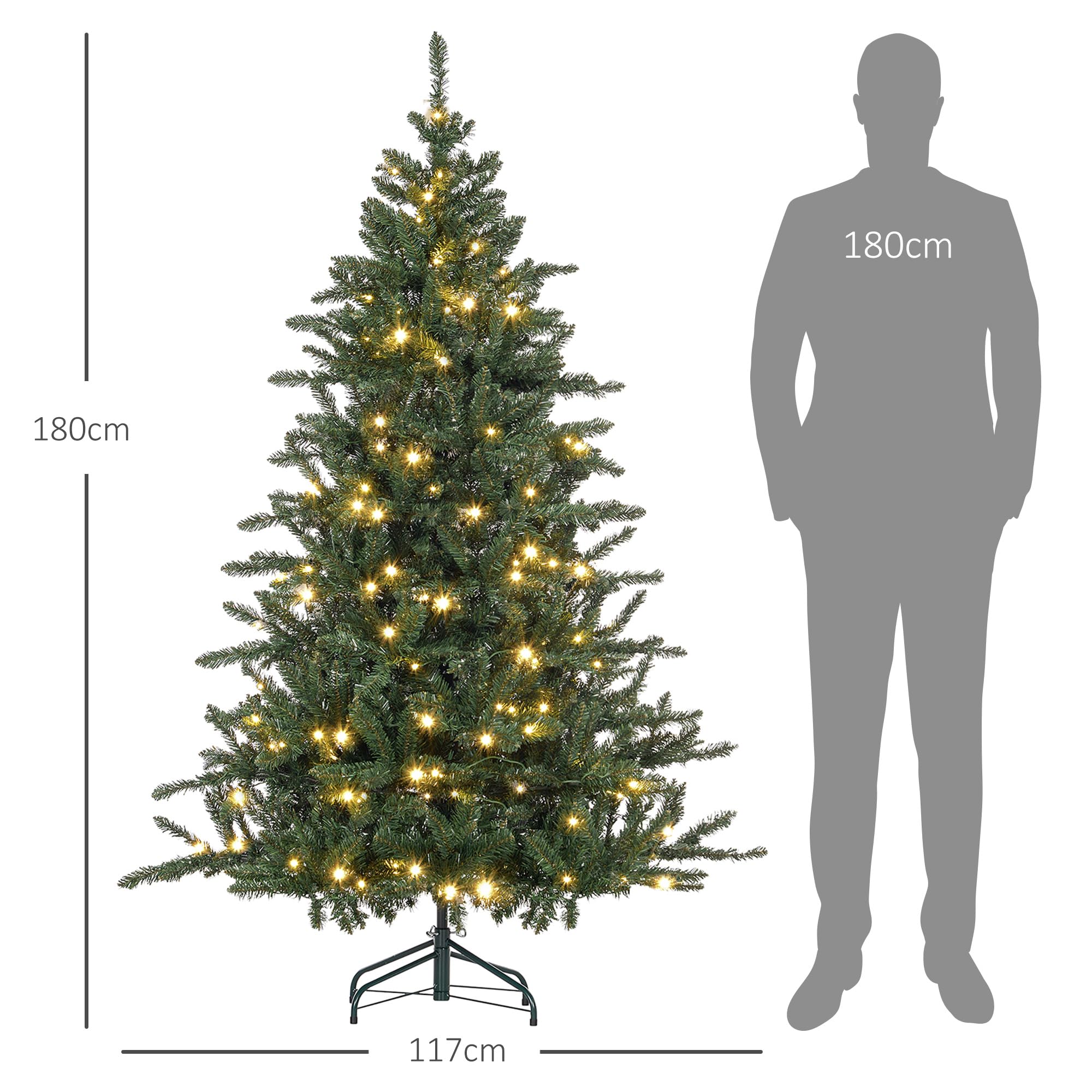 HOMCOM Árbol de Navidad 180 cm Árbol de Navidad Artificial con 310 Luces LED 872 Ramas y Soporte de Metal Árbol Navideño para Salón Interior Verde