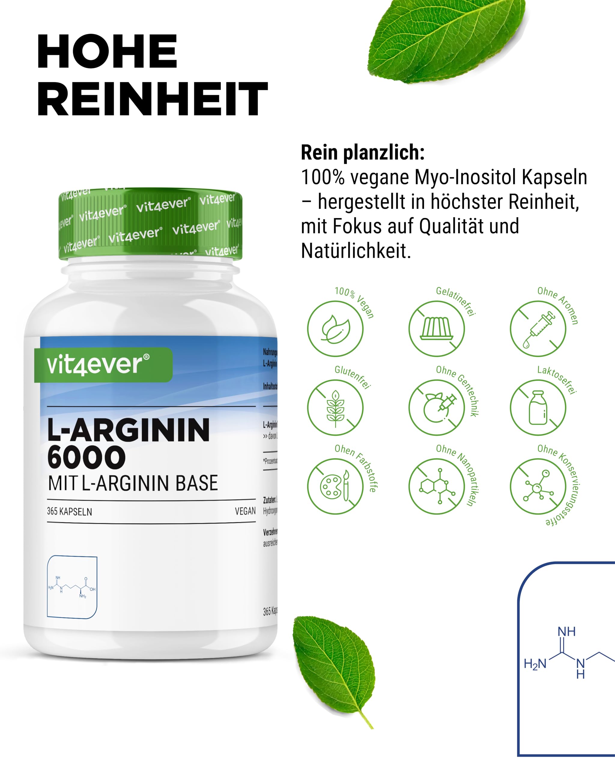 vit4ever L-Arginin - 365 Kapseln - 6000 mg reines L-Arginin pro Tagesdosis - Hergestellt durch pflanzliche Fermentation - Hochdosiert, ohne unnötige Zusätze, vegan